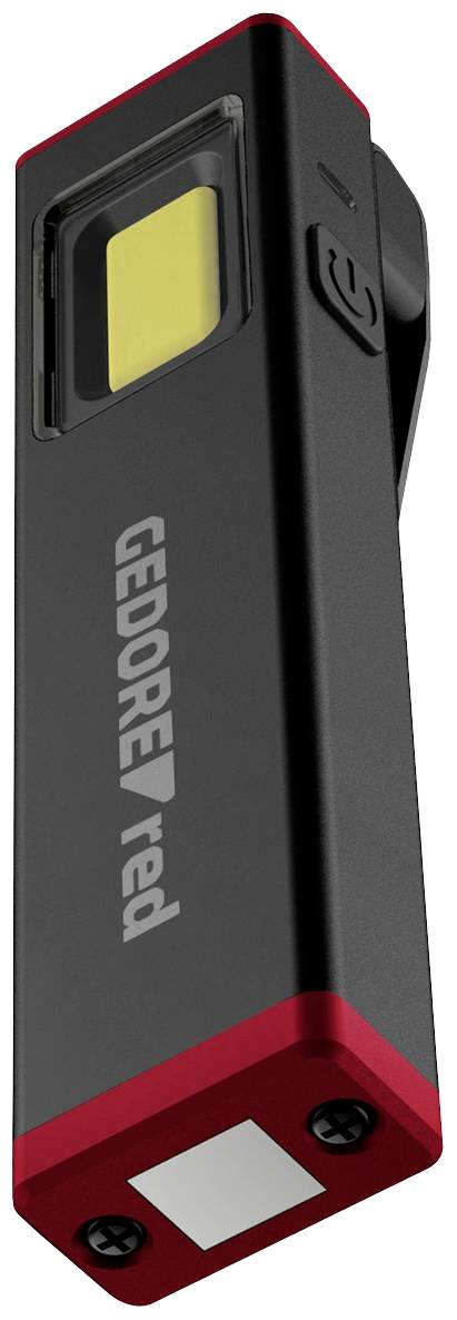 Lampe de poche LED noire avec bordure rouge et logo de marque sur le côté. Faisceau lumineux carré et interrupteur marche/arrêt sur le dessus.