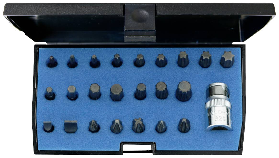 Une boîte ouverte contenant différents embouts de vissage, soigneusement disposés sur un fond bleu.