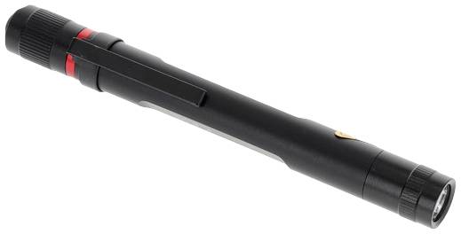 Une lampe de poche noire en forme de stylo avec un accent rouge à l'arrière et un clip de fixation. Idéale pour un éclairage ciblé.