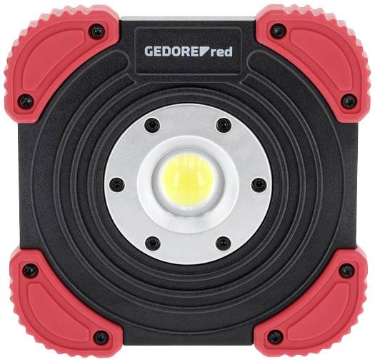 Une lampe de travail LED carrée en noir avec des coins rouges et un éclairage central. Nom de marque 'Gedore red' visible en haut.