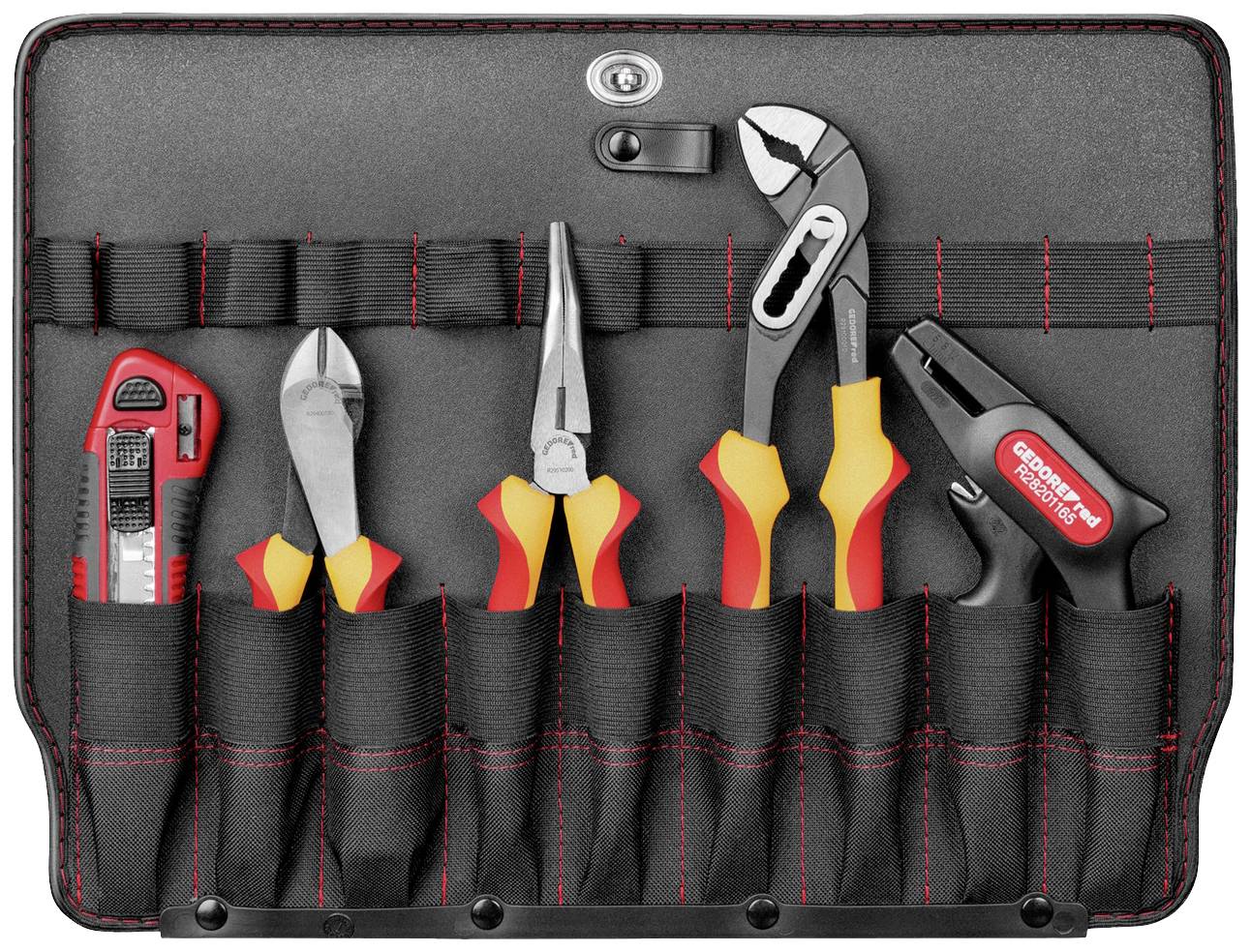 Ensemble d'outils dans un sac portable avec un coupe-boîte latéral, une pince, une pince multifonction, une clé à tube et une clé à tube réglable.