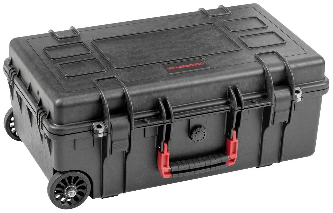 Valise rigide noire avec poignées et roues rouges, adaptée au transport sécurisé d'appareils ou d'outils délicats.