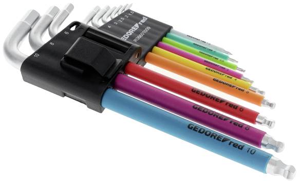 Un ensemble de neuf clés Allen de différentes couleurs dans un support, avec des tailles allant de 1,5 à 10 mm. Chaque clé a une couleur différente.