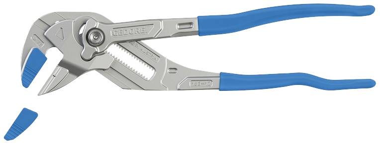 Une pince à pompe à eau réglable en argent avec des poignées bleues. Un segment de denture a été retiré et se trouve à côté. Adaptée aux travaux de plomberie.