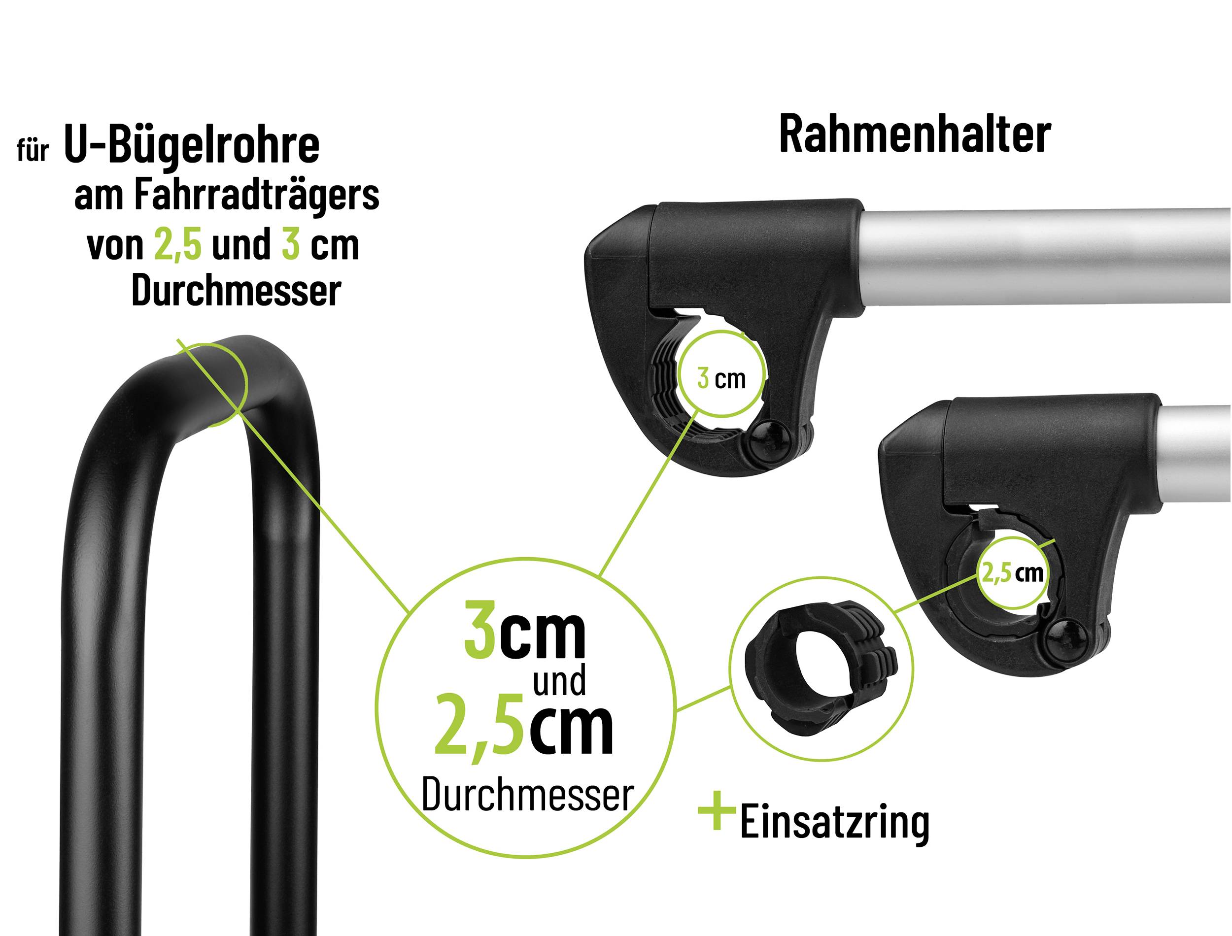 Sur l'image sont représentés des supports de cadre pour porte-vélos avec un diamètre de 2,5 cm et 3 cm, incluant une bague d'insertion.