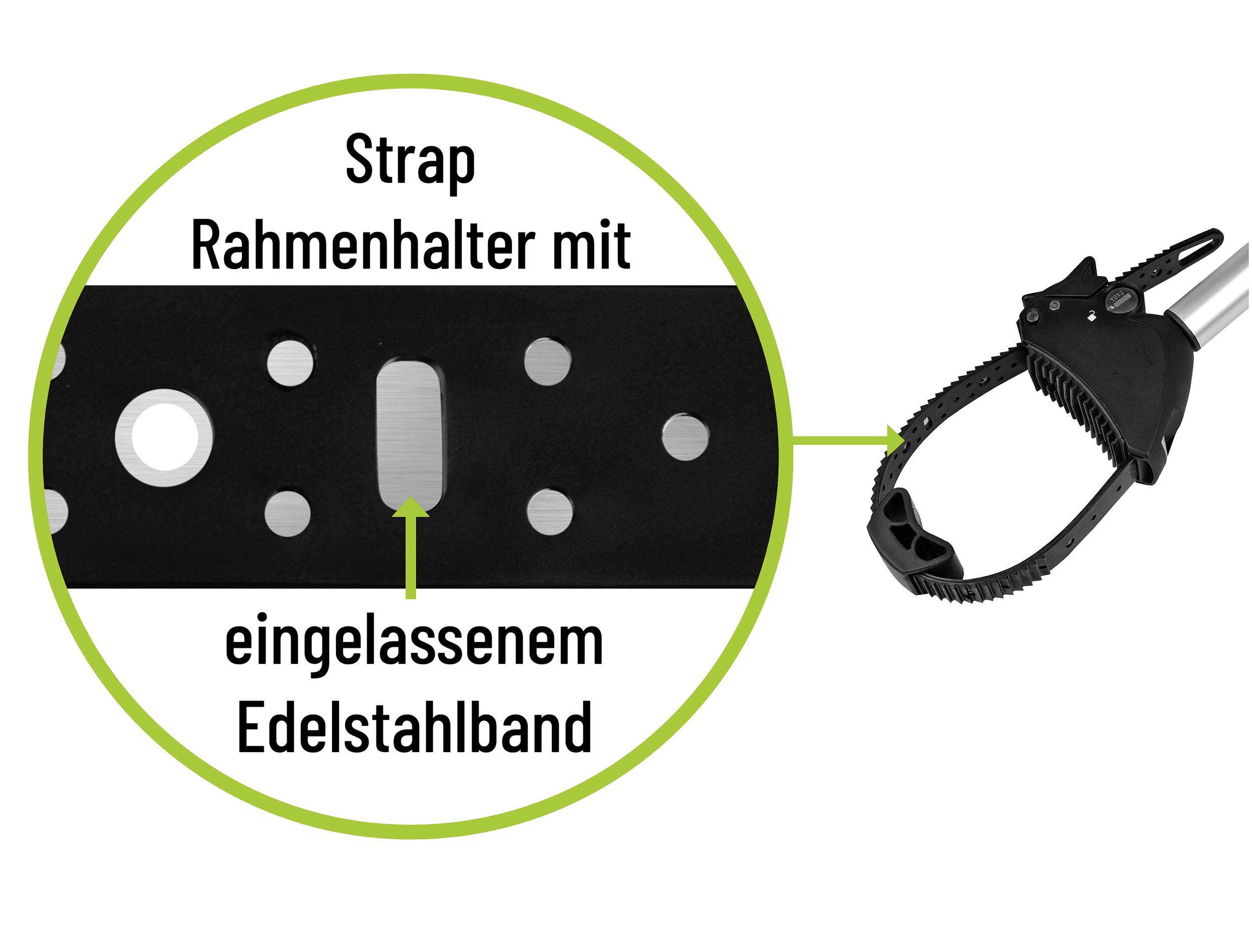 Un 'support de cadre avec bande en acier inoxydable encastrée' présente une sangle noire avec des trous et une bande en acier inoxydable, avec une fermeture à boucle sur la droite.