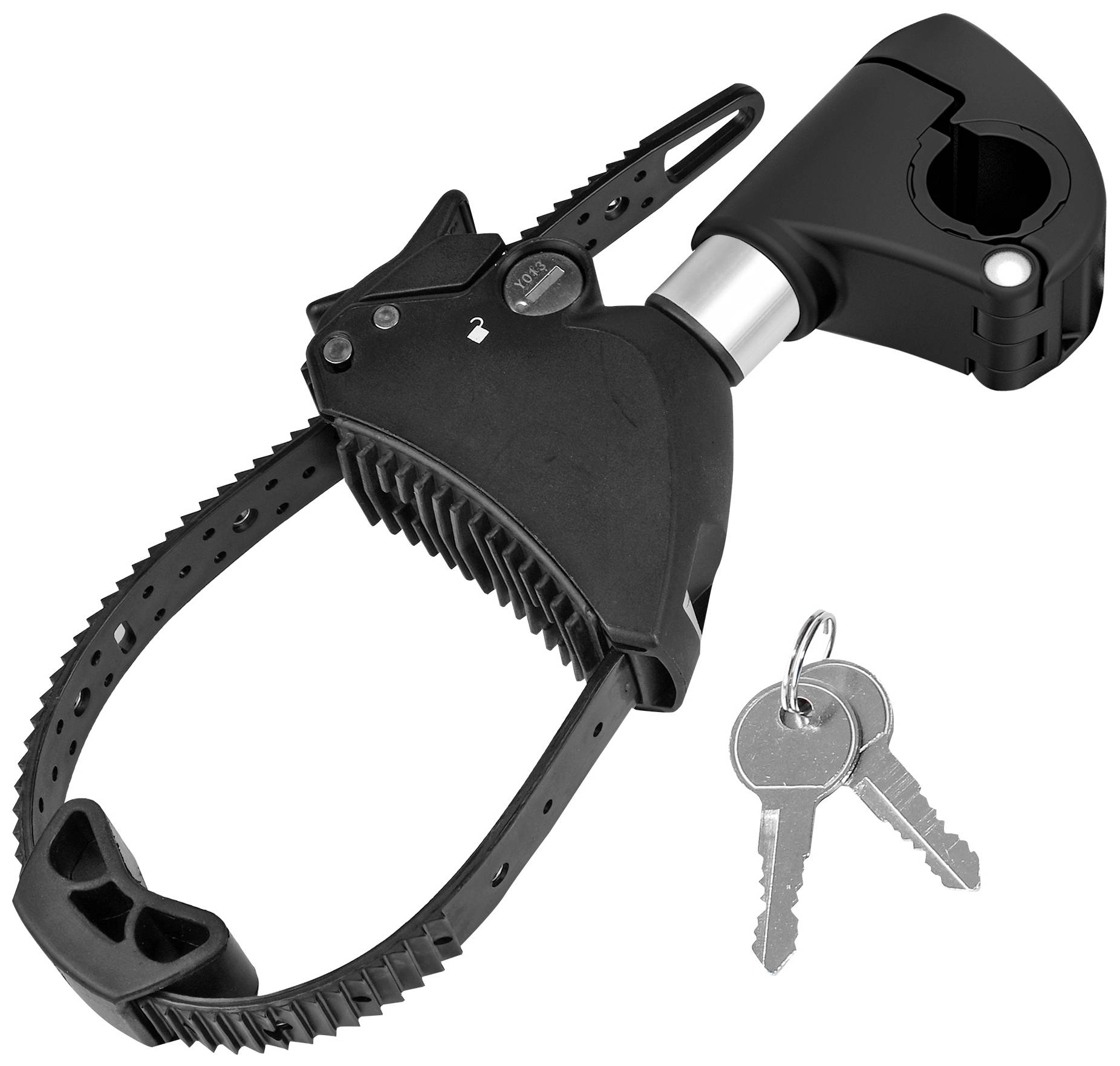 Un cadenas de vélo avec mécanisme de verrouillage et deux clés. Le cadenas dispose d'une sangle ajustable et d'un mécanisme de fermeture robuste.