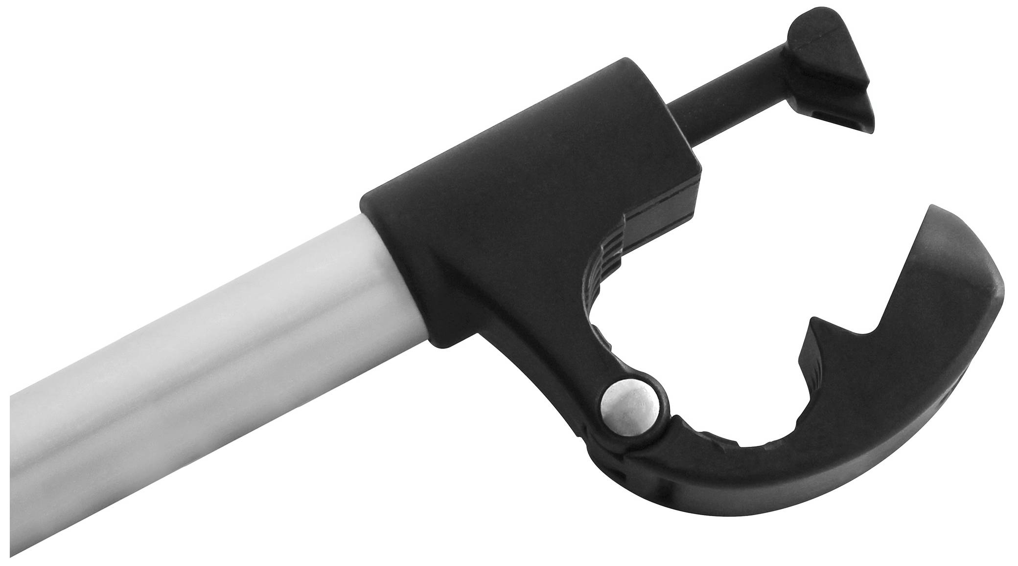 L'image montre une barre métallique munie d'une poignée en plastique noir et ajustable à une extrémité, du type utilisé dans les outils.