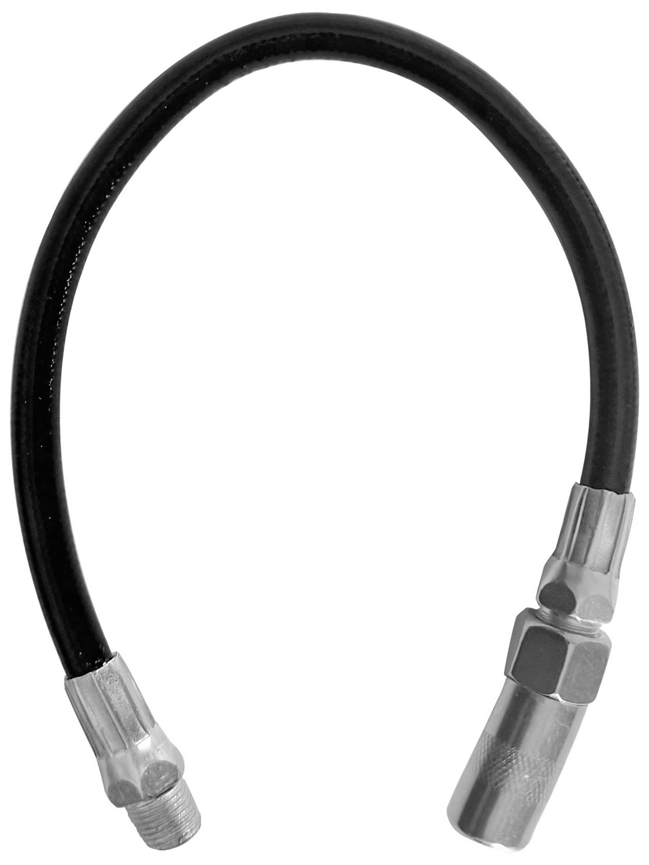 Un tuyau flexible noir avec des raccords métalliques à chaque extrémité. Probablement un composant d'un système hydraulique ou pneumatique.