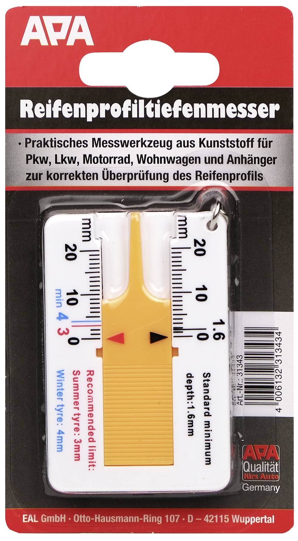 'Mesure de profondeur de pneu pour voitures, camions, motos. Mesure les pneus standard et d'hiver. Échelle : 0-20 mm, 0-1,6 mm en rouge pour le profil minimal.'