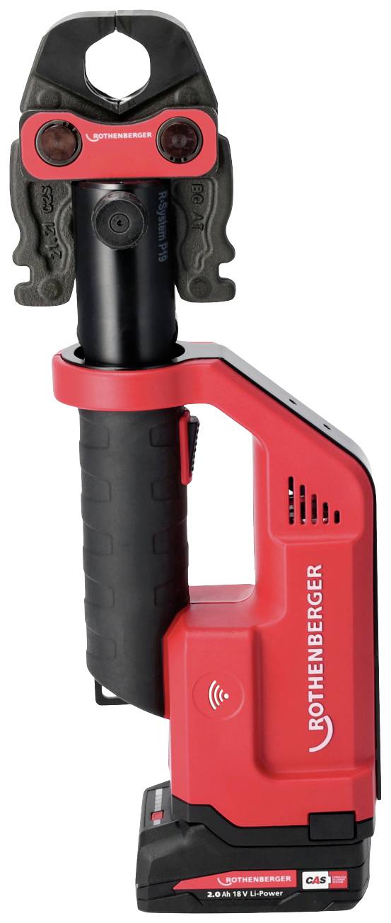 Outil de pressage pour tuyaux, alimenté par batterie, de marque 'ROTHENBERGER' ; avec poignée intégrée pour des applications mobiles.