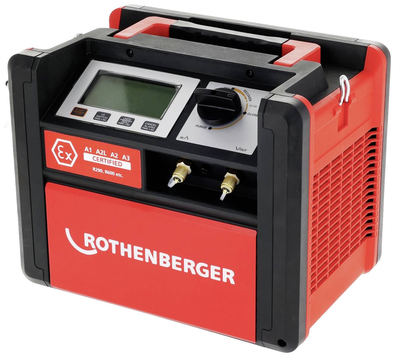 Machine portable rouge de ROTHENBERGER pour la mesure de gaz, certifiée pour les gaz A1, A2L, A2, A3. Affichage et commandes en haut.