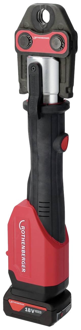 Un outil hydraulique sans fil rouge et noir de la marque Rothenberger, pour le sertissage de raccords de tuyaux, batterie 18V.