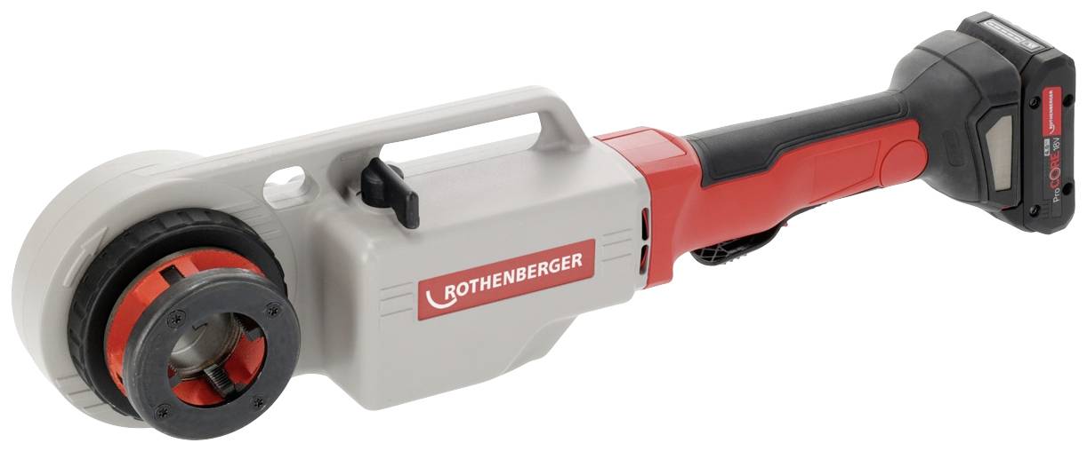 Coupe-tubes électrique à batterie avec boîtier rouge et gris, adapté pour la coupe précise et rapide des tubes.