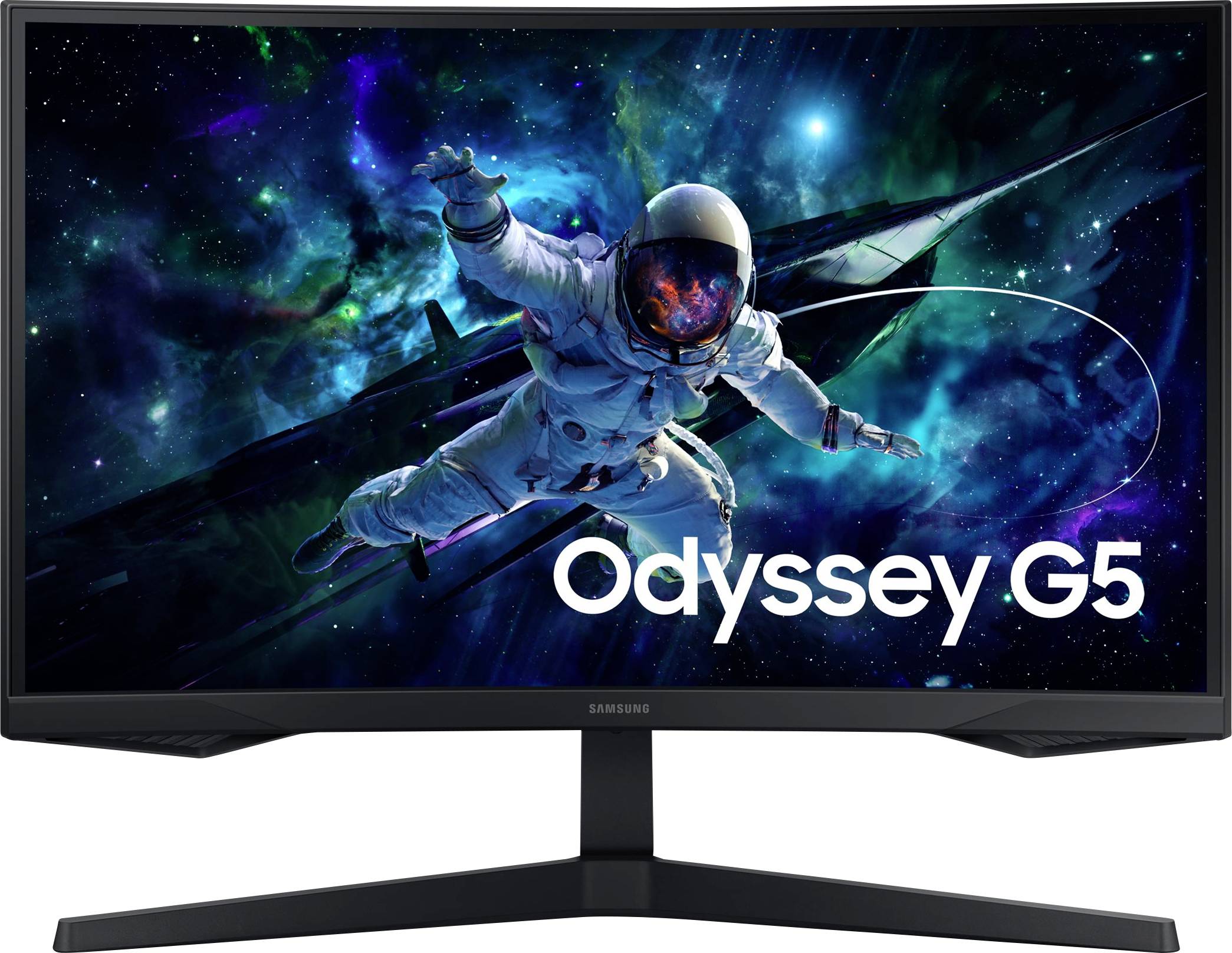 Un moniteur avec un astronaute sur un fond spatial et le texte 'Odyssey G5'.
