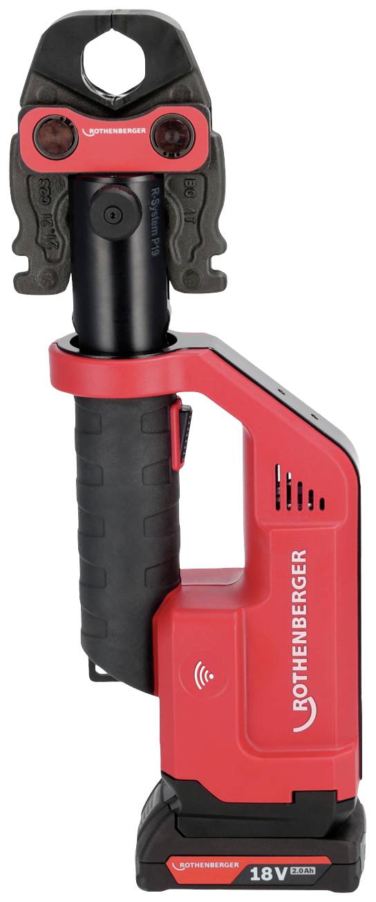 Une presse hydraulique rouge sans fil de Rothenberger, modèle avec batterie 18V. Principalement utilisée pour le sertissage de tuyaux.