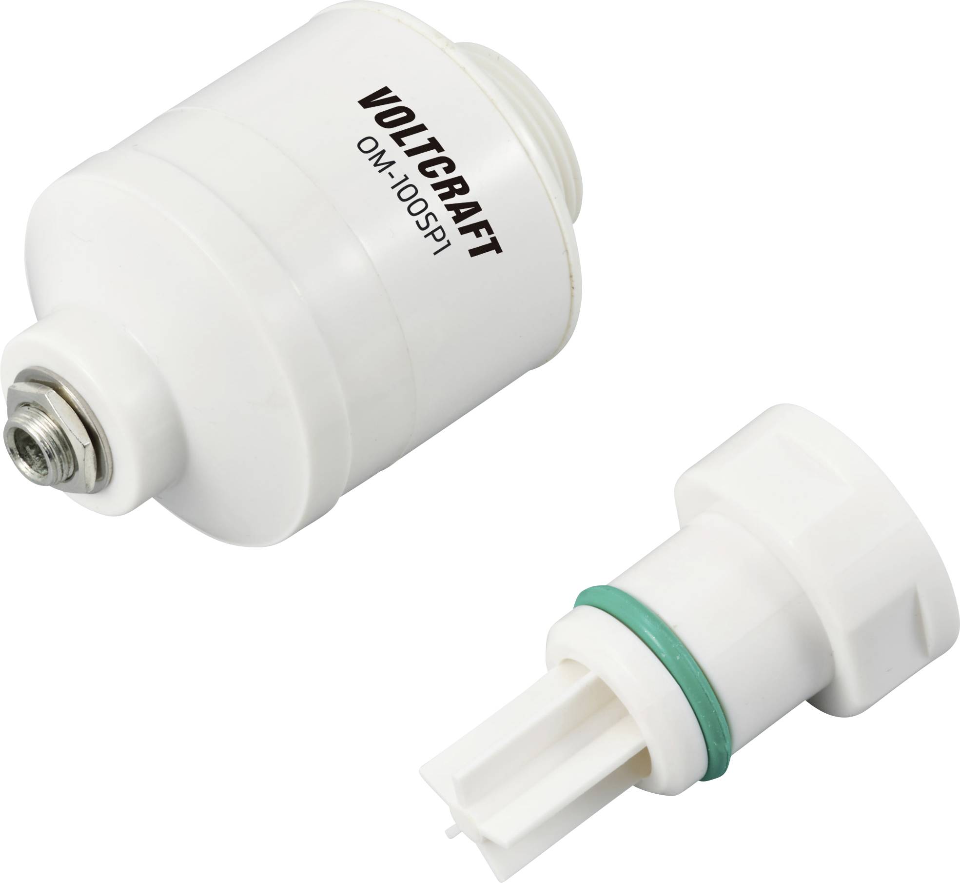 Un capteur blanc portant l'inscription 'VOLTCRAFT OMI-100 SPT' à côté d'un connecteur blanc avec un joint d'étanchéité vert.