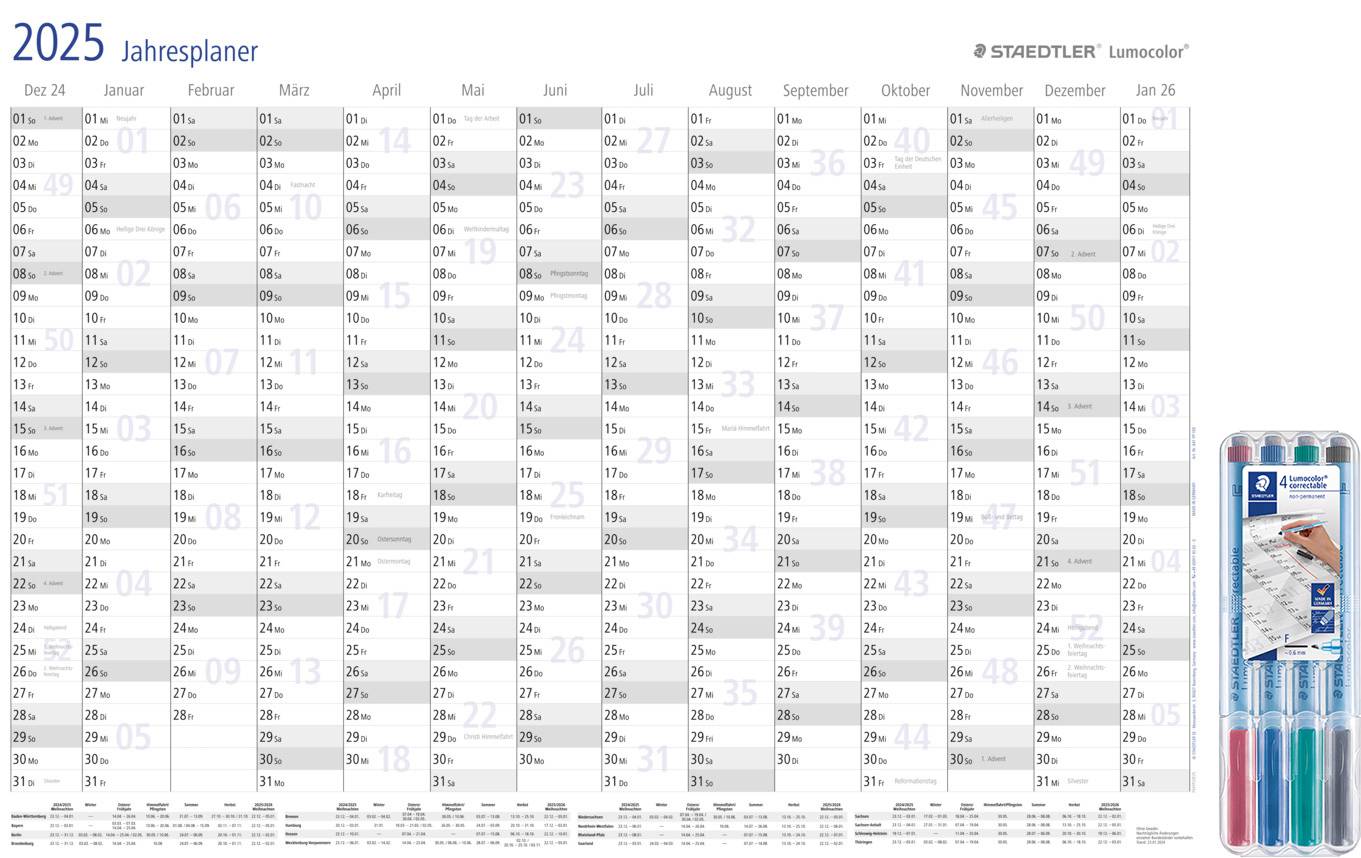 'Agenda annuelle 2025' pour la période de décembre 2024 à janvier 2026 avec vue mensuelle. Comprend un ensemble de stylos STAEDTLER sur la droite de l'image.