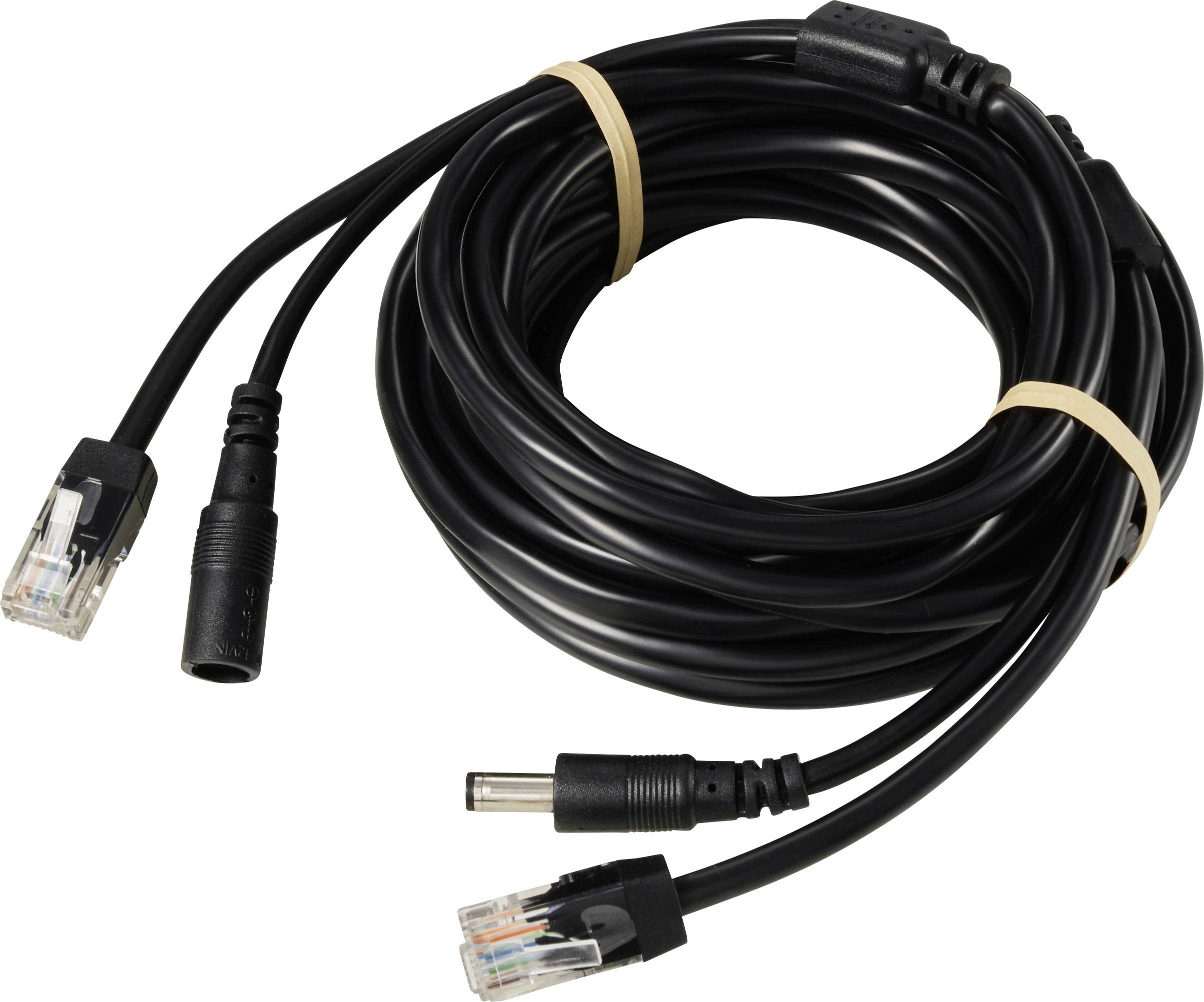 Un long câble noir enroulé avec deux connecteurs RJ45 et une fiche d'alimentation DC.