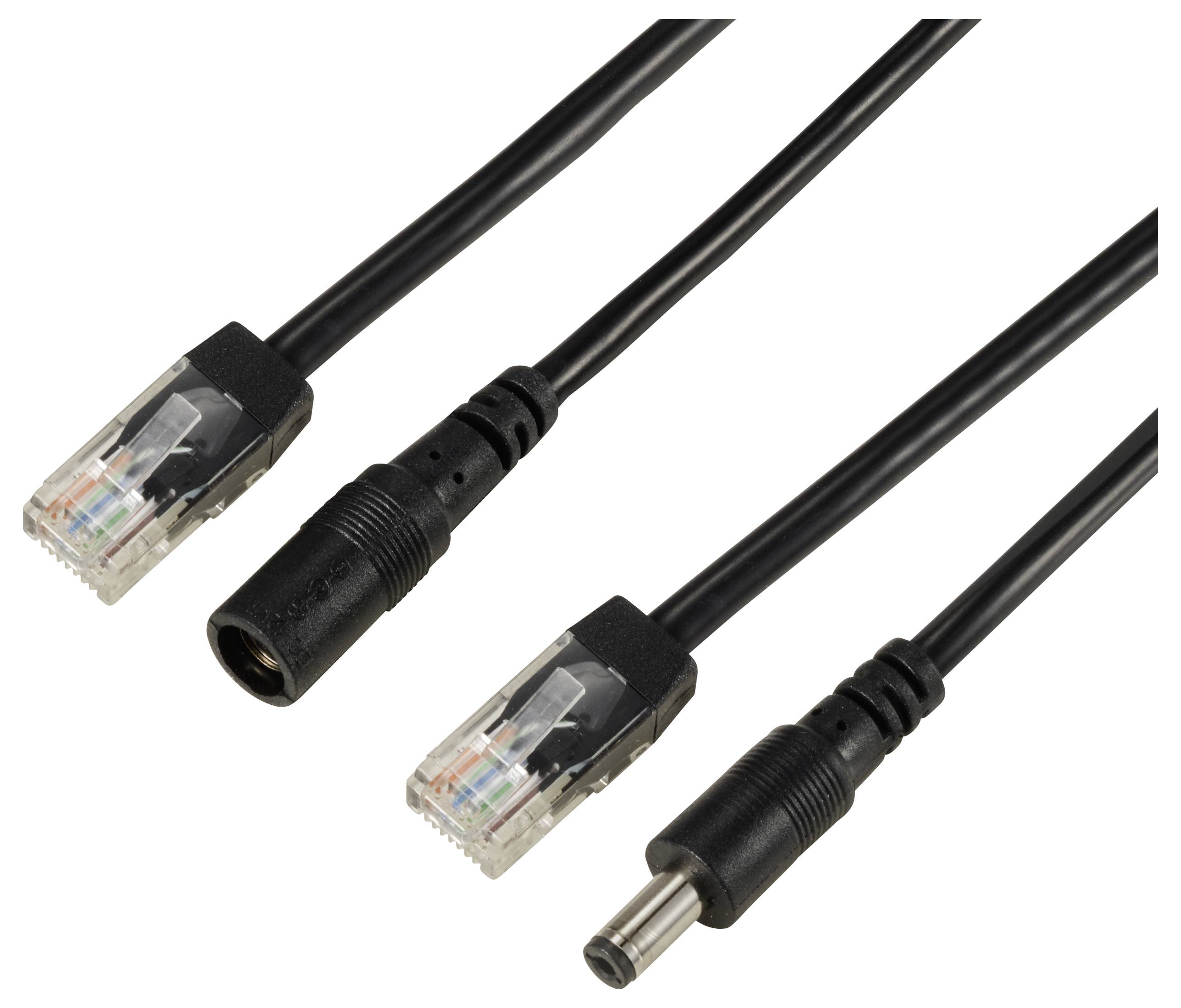 Trois câbles noirs avec différents connecteurs : deux avec des fiches réseau RJ45 et un avec une prise d'alimentation cylindrique.