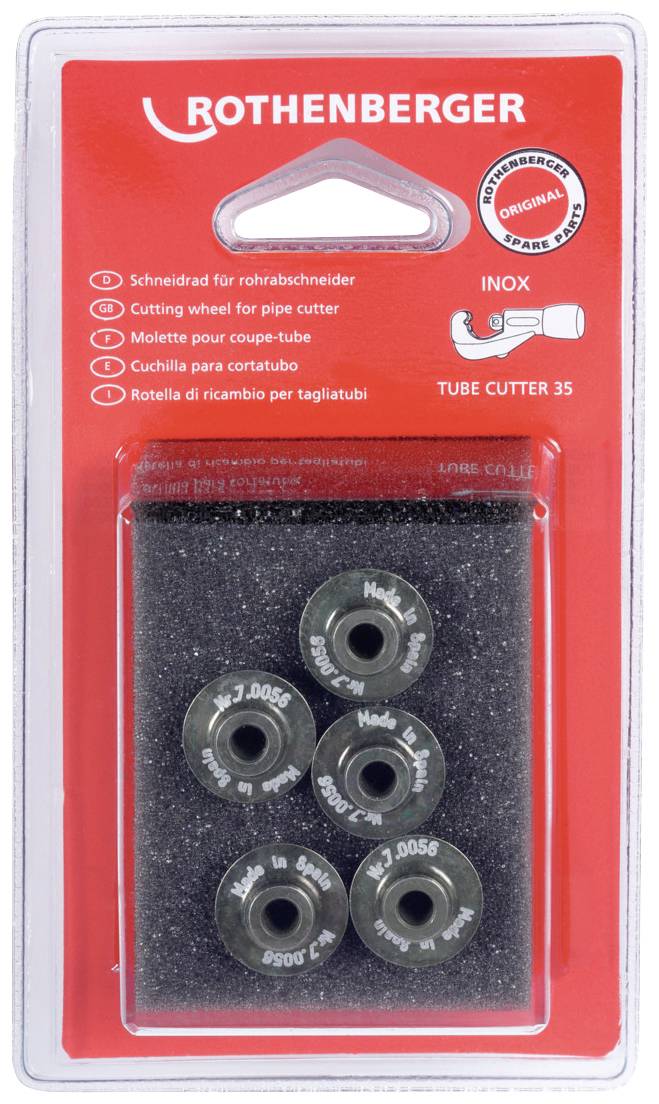 Cinq petites roues de rechange de 'Rothenberger' pour coupe-tubes, conditionnées dans un blister en plastique rouge.