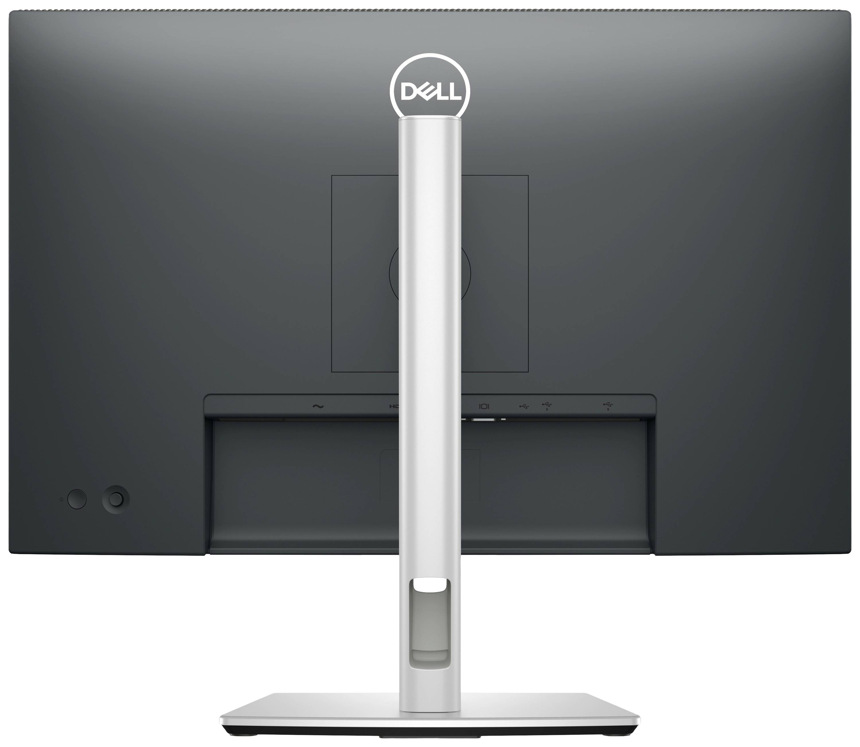 Vue arrière d'un moniteur Dell avec un socle gris et un écran noir.