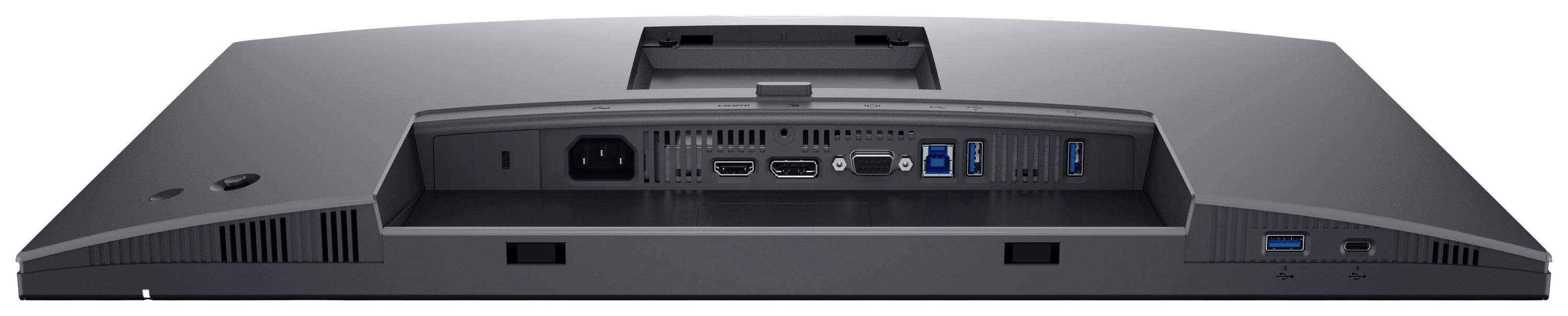 Vue arrière d'un écran d'ordinateur avec ses connexions : prise d'alimentation, HDMI, DisplayPort, deux ports USB et prises audio.
