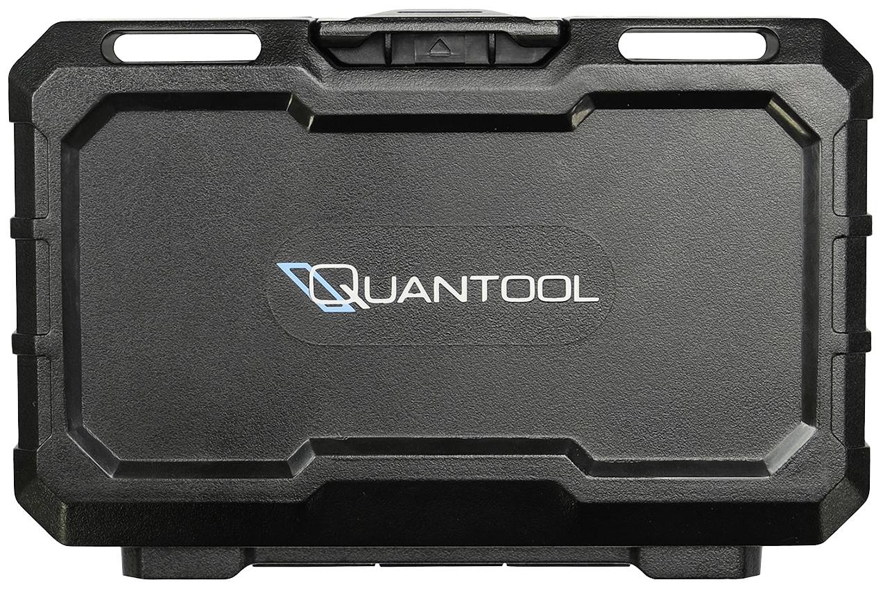 Une mallette à outils noire avec le logo 'QUANTOOL' au centre.