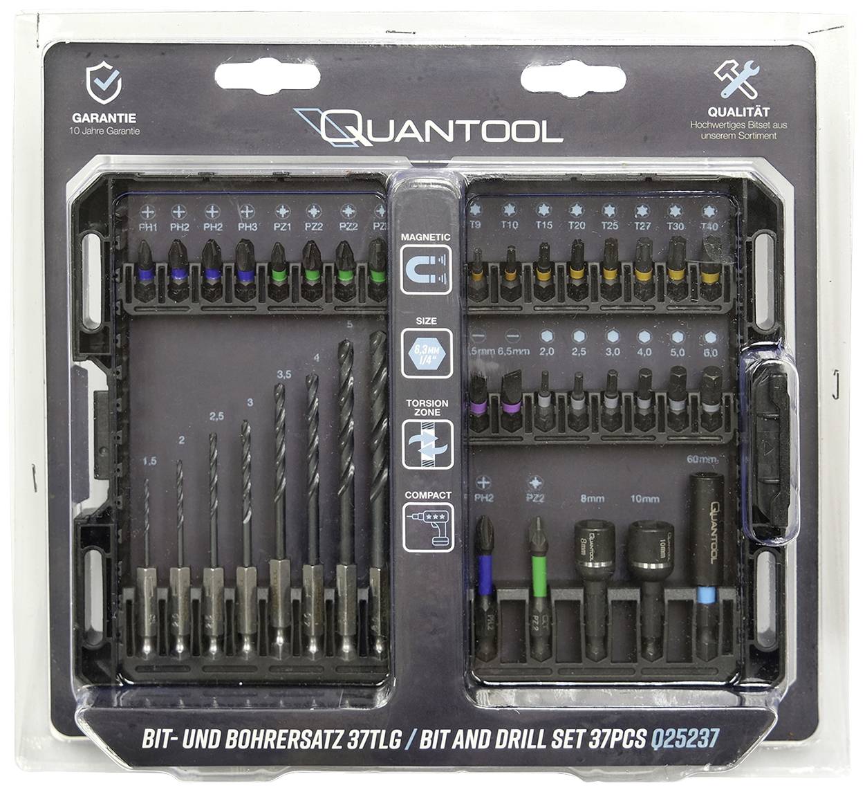 Quantool Kit de mèches et de forets, 37 pièces, avec propriétés magnétiques et de torsion, ainsi que différentes tailles pour des applications polyvalentes.