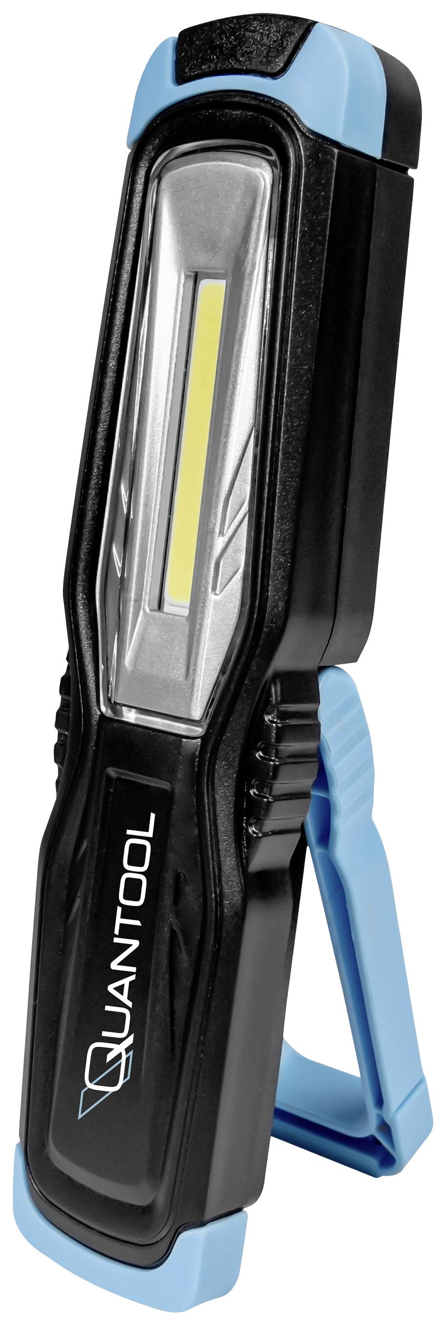 Une lampe de travail LED portable noir et bleu avec un pied escamotable, adaptée à divers besoins d'éclairage.