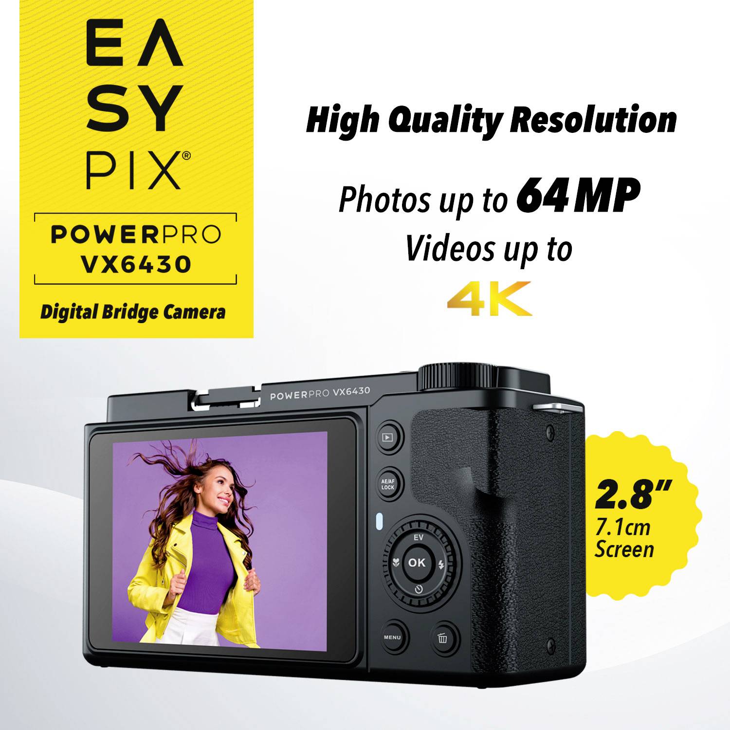 Publicité d'appareil photo numérique : EASYPIX VX6430, photos 64MP, vidéos 4K, écran de 2,8 pouces, met l'accent sur la haute résolution et la qualité d'image.