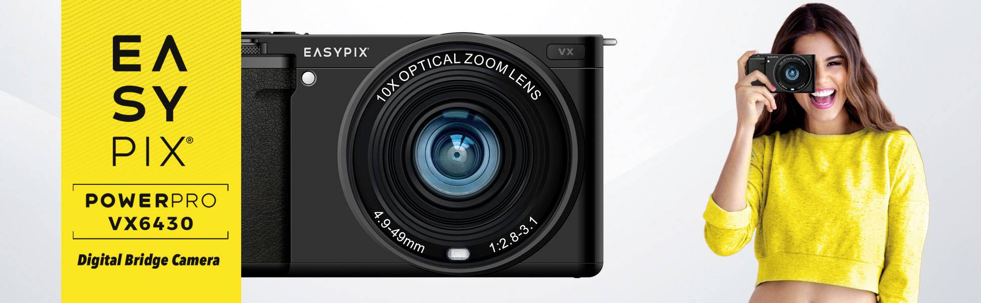Appareil photo numérique 'Easypix PowerPro VX6430' présenté avec un zoom optique 10x. À droite, une personne souriante prenant une photo.