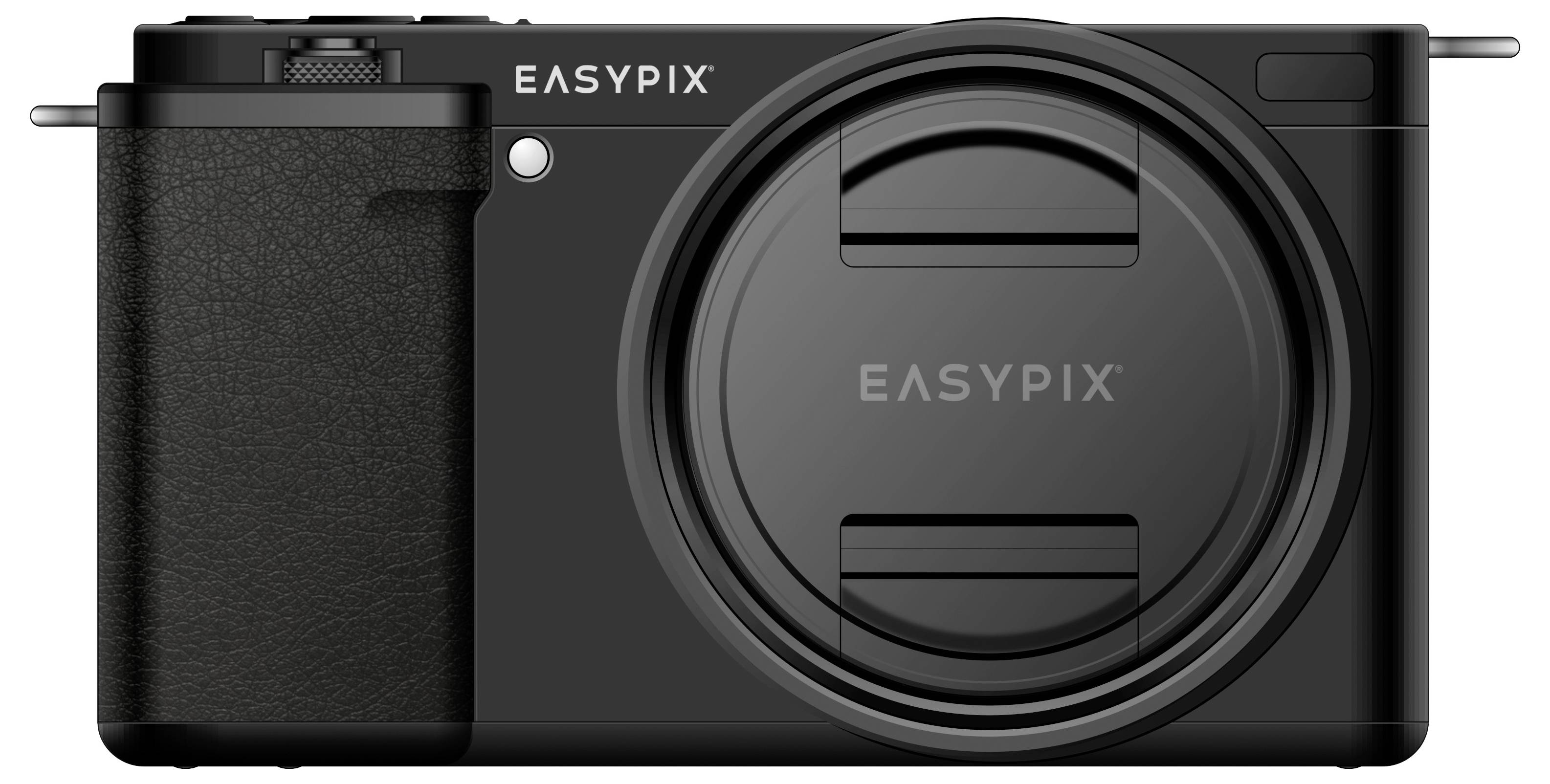 Petit appareil photo noir compact avec l'inscription 'EASYPX' sur le devant, grand couvercle d'objectif, poignée ergonomique sur la gauche.