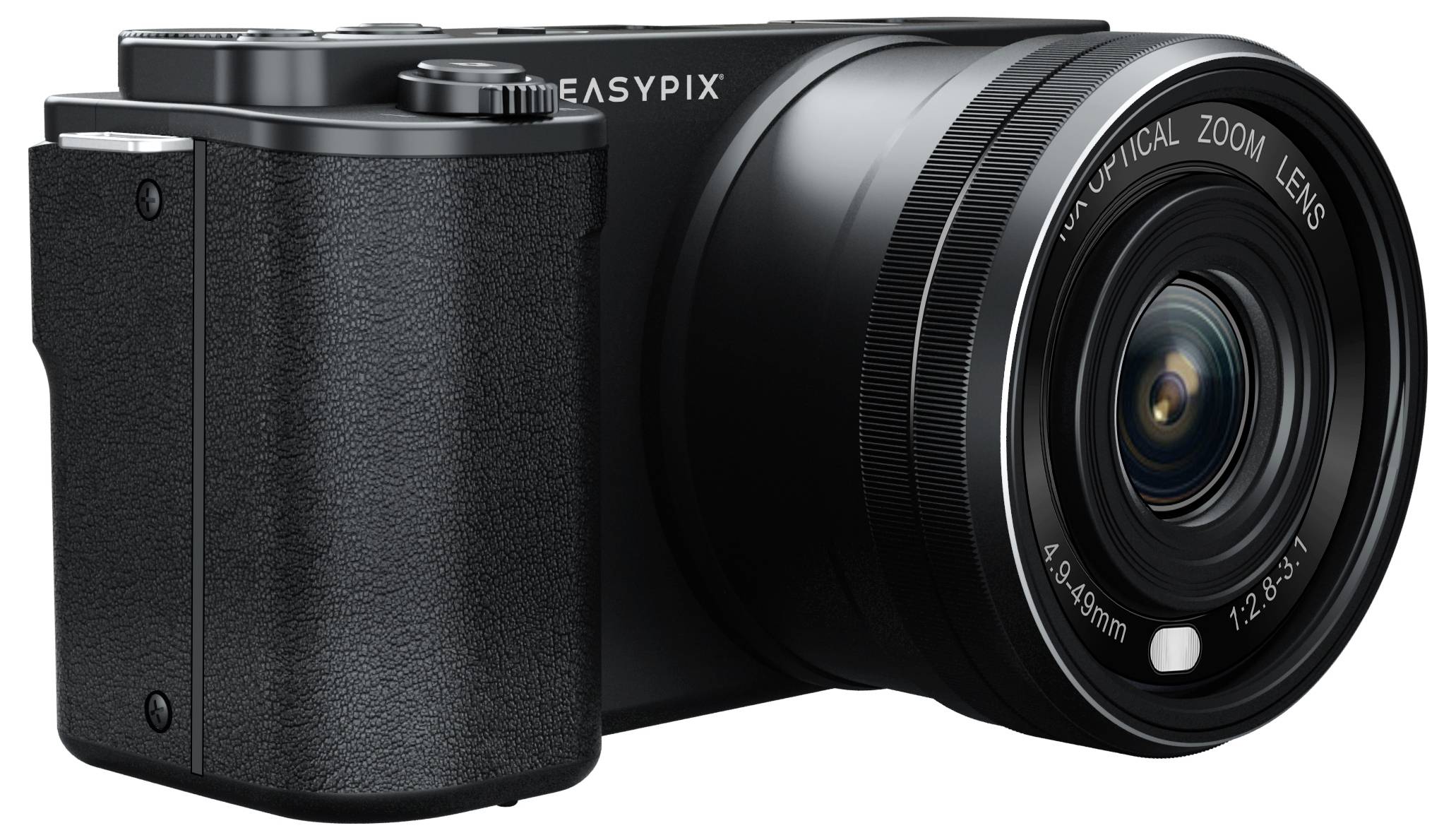 Appareil photo numérique avec objectif zoom de la marque Easypix, noir, vue de trois-quarts avant, montrant le boîtier et les détails de l'objectif.