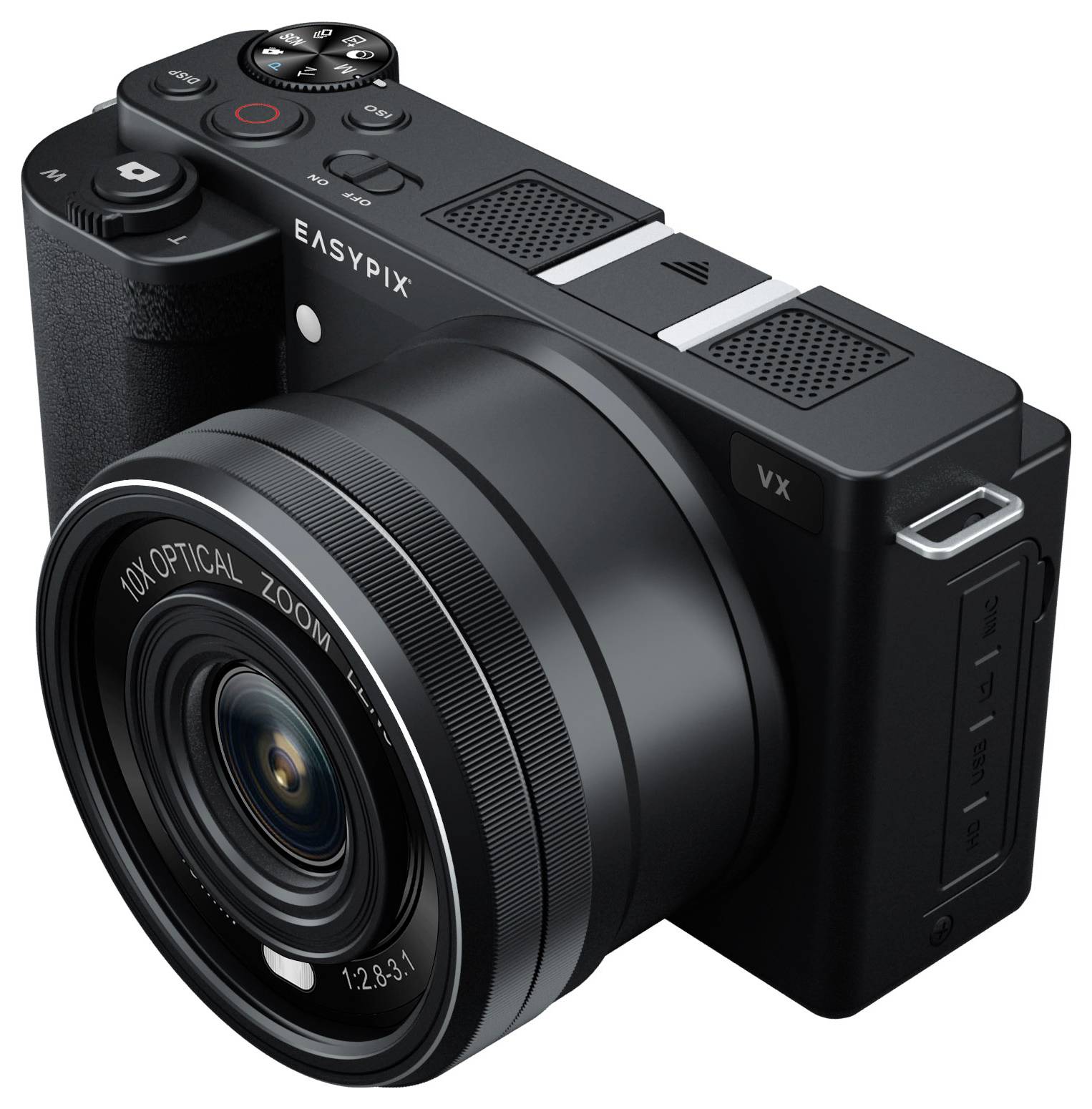 Appareil photo numérique compact noir avec un grand objectif et plusieurs commandes, portant la mention 'Easypix' sur le dessus de l'appareil.