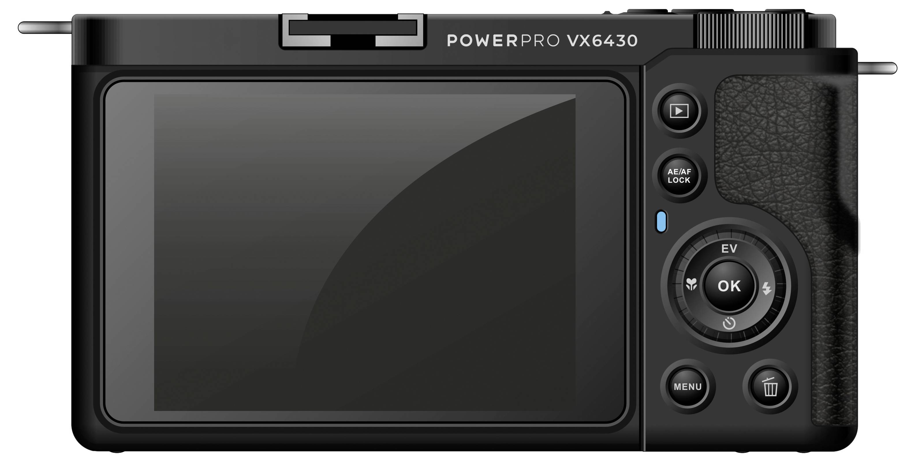 Dos d'un appareil photo numérique avec un grand écran et des boutons de commande, incluant une molette de réglage et des touches de menu. Marquage : « POWERPRO VX6430 ».