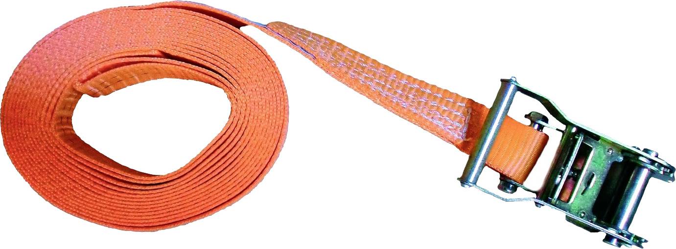 Un sangle d'arrimage orange avec une sangle à cliquet, enroulée, est posée sur une surface blanche. La sangle sert à fixer en toute sécurité des charges.