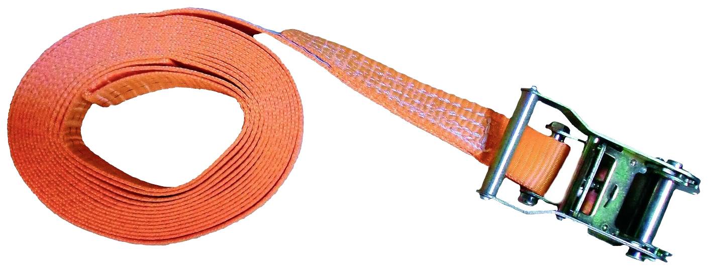 Une sangle d'arrimage orange avec un tendeur à cliquet, utilisée pour arrimer des charges. Le tendeur robuste permet une tension ferme.
