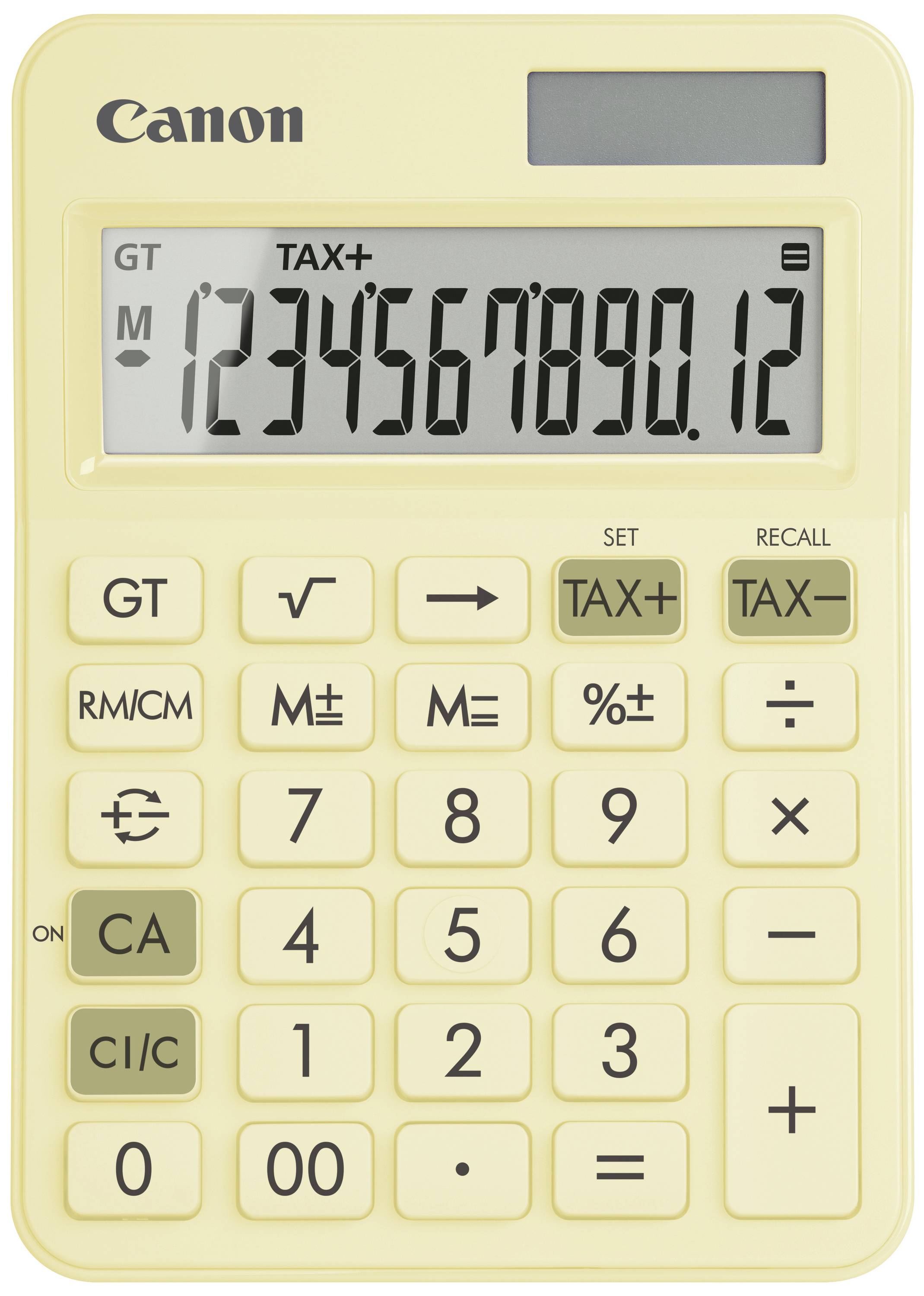 Calculatrice jaune avec affichage '1234567890,12', touches pour opérations arithmétiques de base, calcul de pourcentages et taux d'imposition.