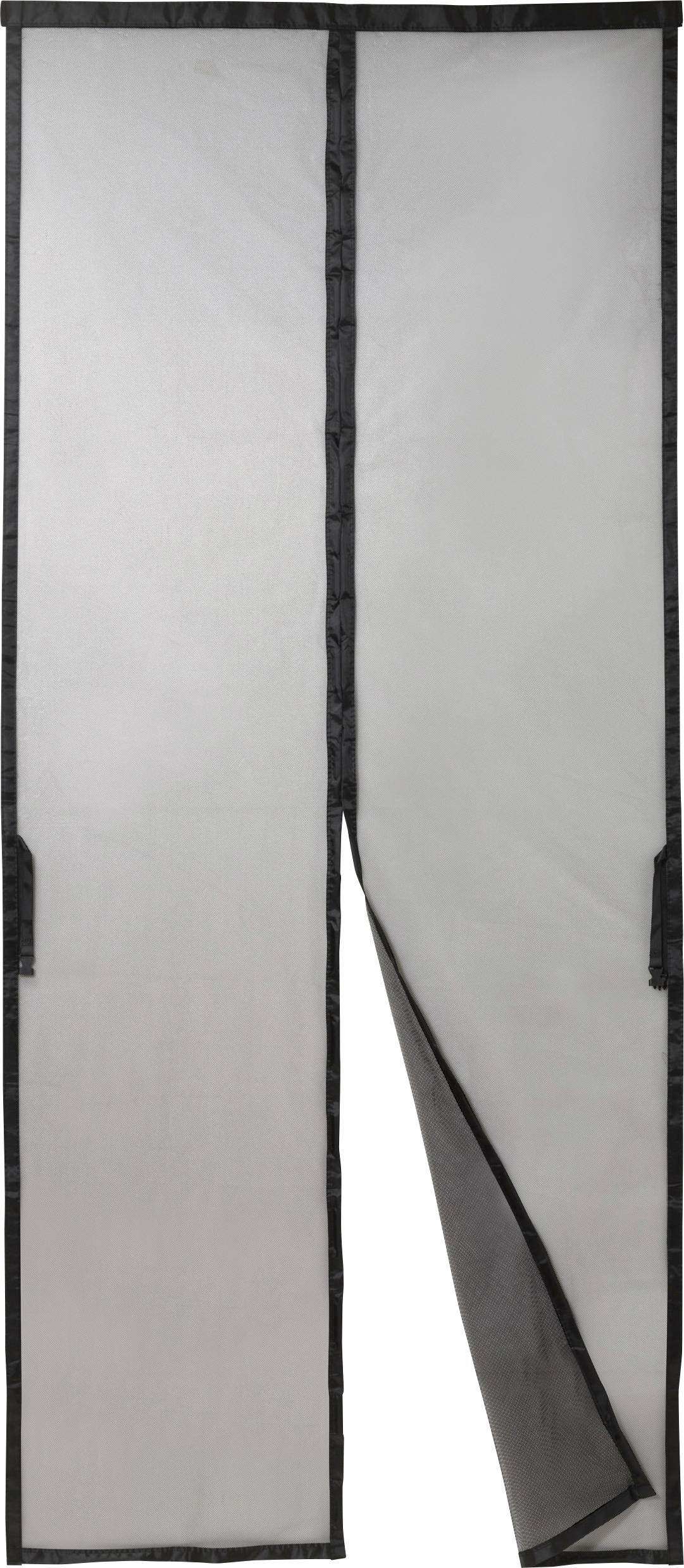 Rideau de porte moustiquaire en tissu de maille, bordé de noir, partiellement ouvert. Idéal pour empêcher les insectes de pénétrer lorsque les portes sont ouvertes.