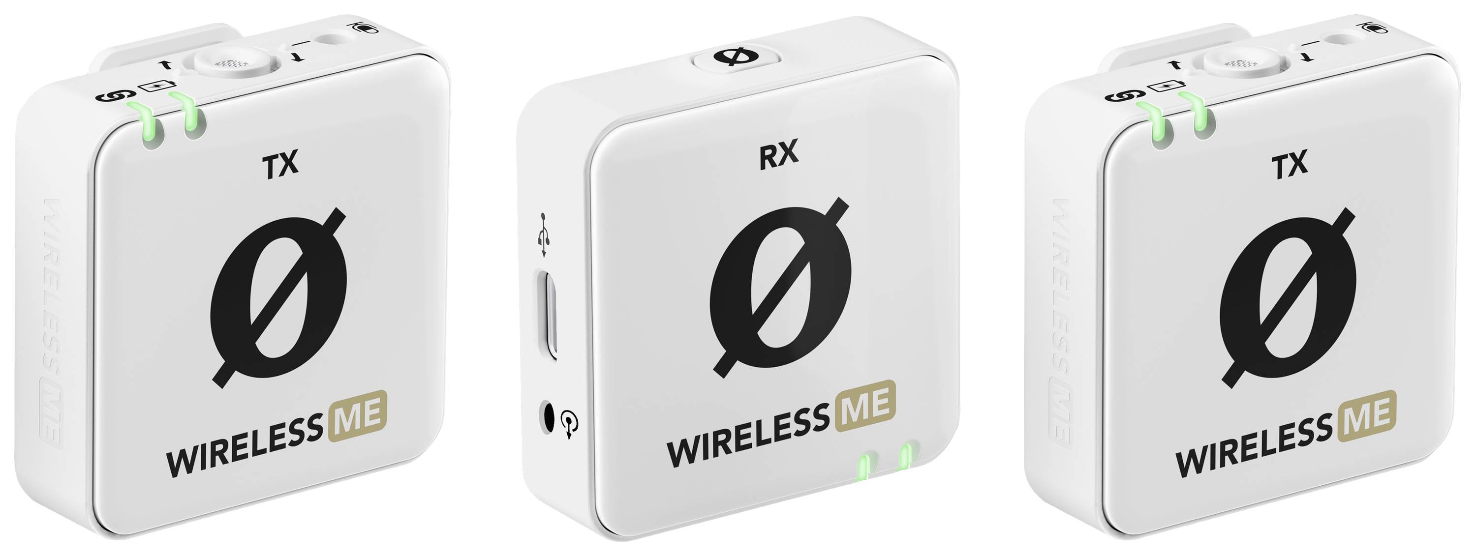 Trois dispositifs sans fil blancs et carrés avec des étiquettes 'TX' et 'RX'. TX émet, RX reçoit. Les voyants LED sont allumés en vert.