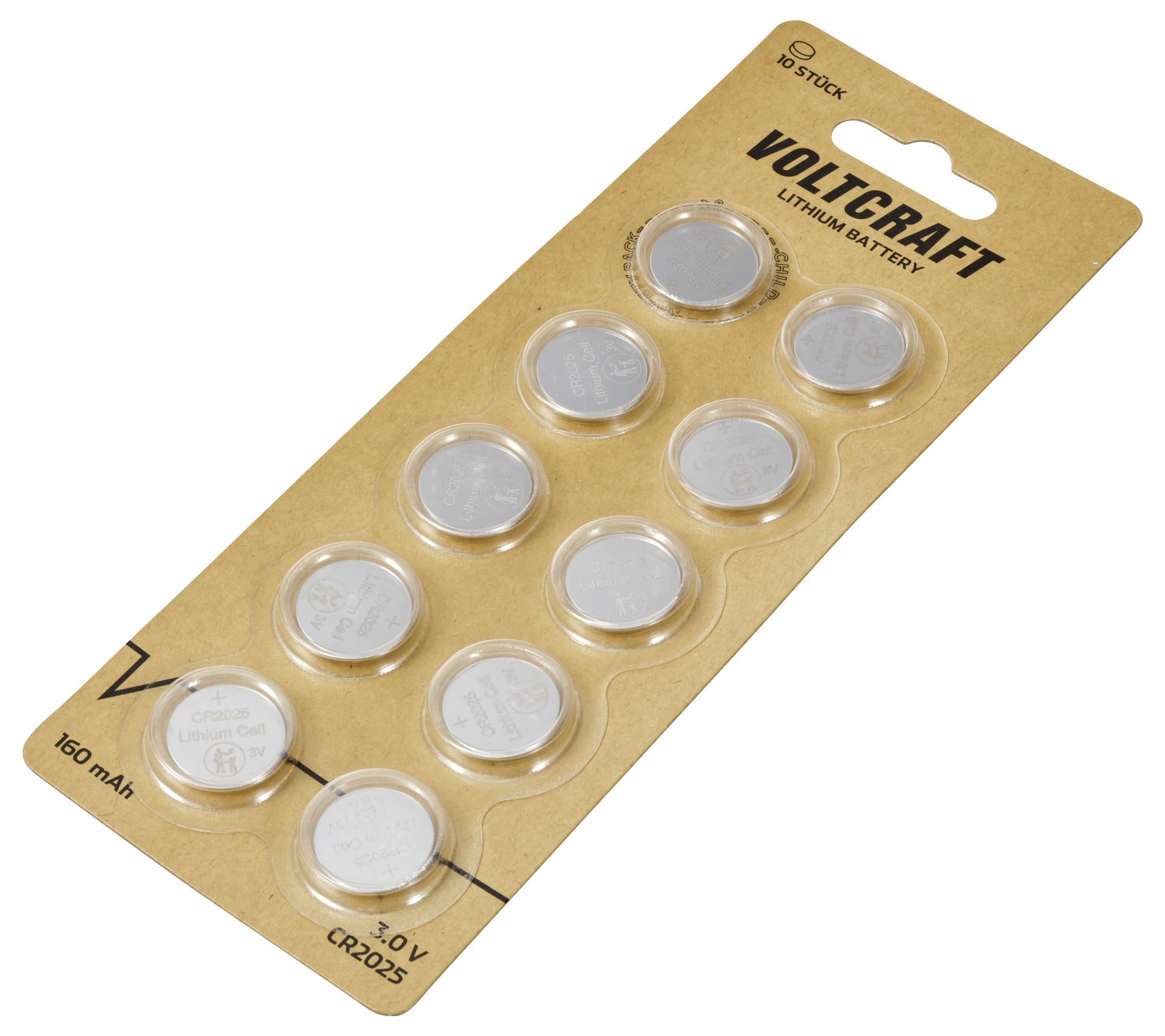 Un pack de dix piles boutons argentées de Voltcraft, portant l'inscription 'Pile Lithium CR2025 3V 160 mAh'.