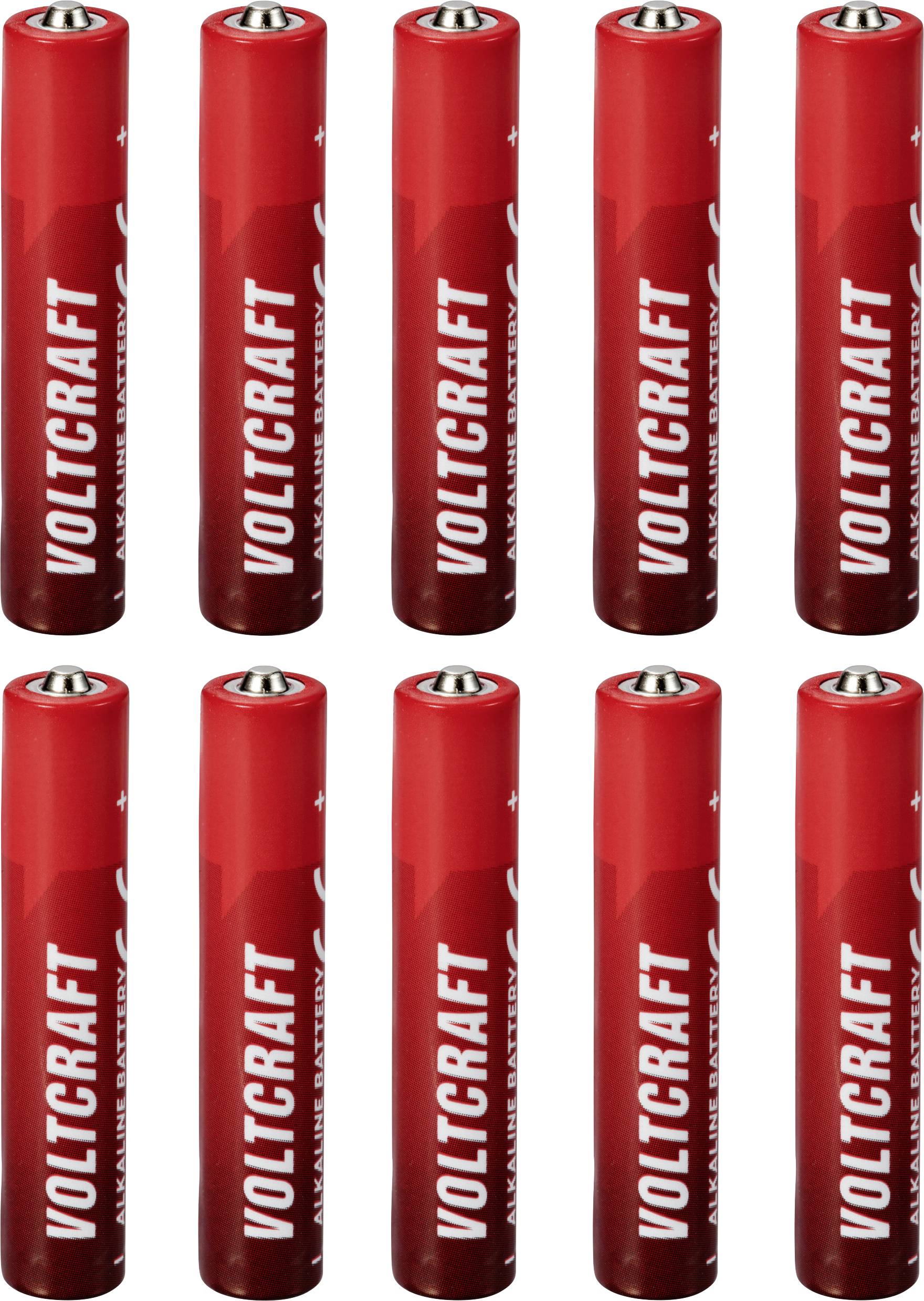 Dix piles AA rouges de la marque Voltcraft disposées en deux rangées.