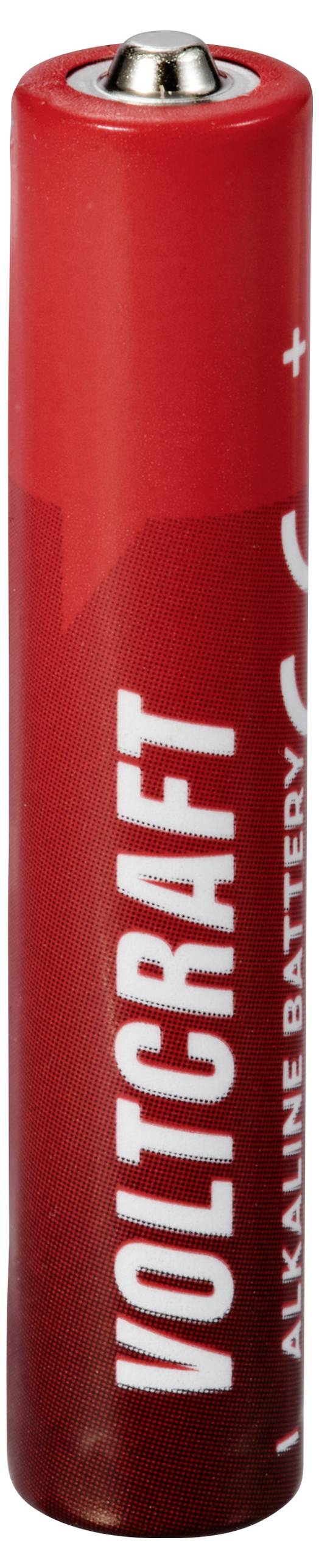 Pile AA alcaline rouge de marque 'Voltcraft'. Bornes supérieures visibles. Batterie en position verticale.
