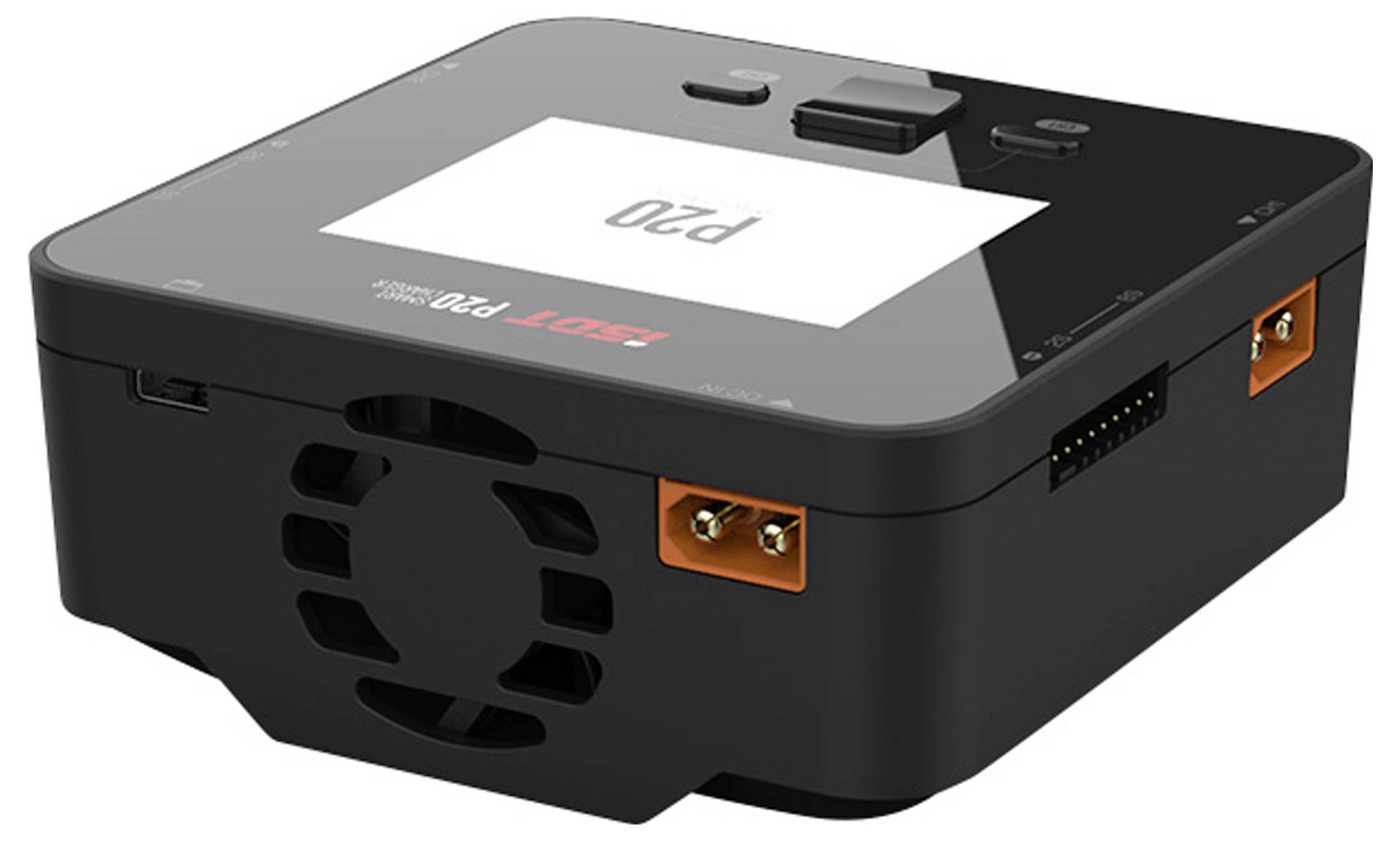 Un petit chargeur électronique noir avec des fentes d'aération et des connecteurs sur le côté, portant l'inscription 'P20'.