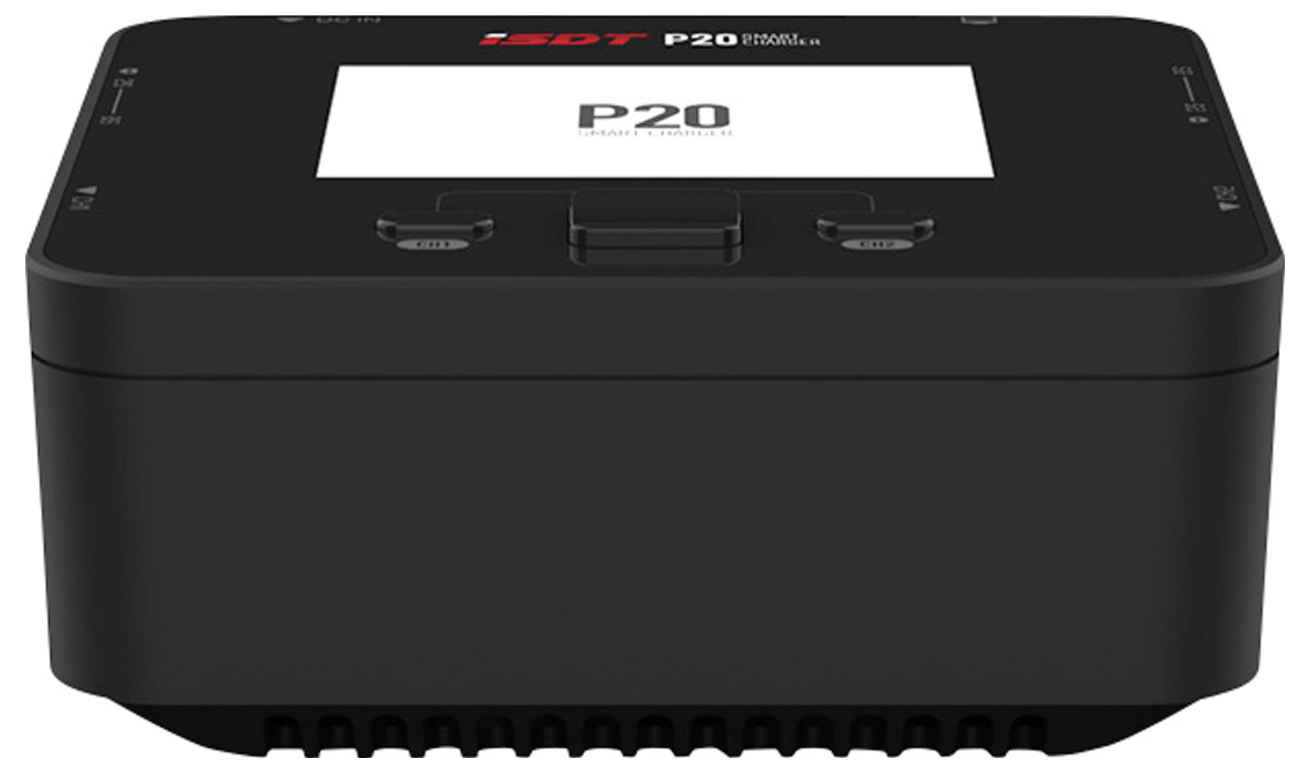 Chargeur de batterie noir portant l'inscription 'P20', doté de deux boutons sur le dessus, de forme compacte et rectangulaire.