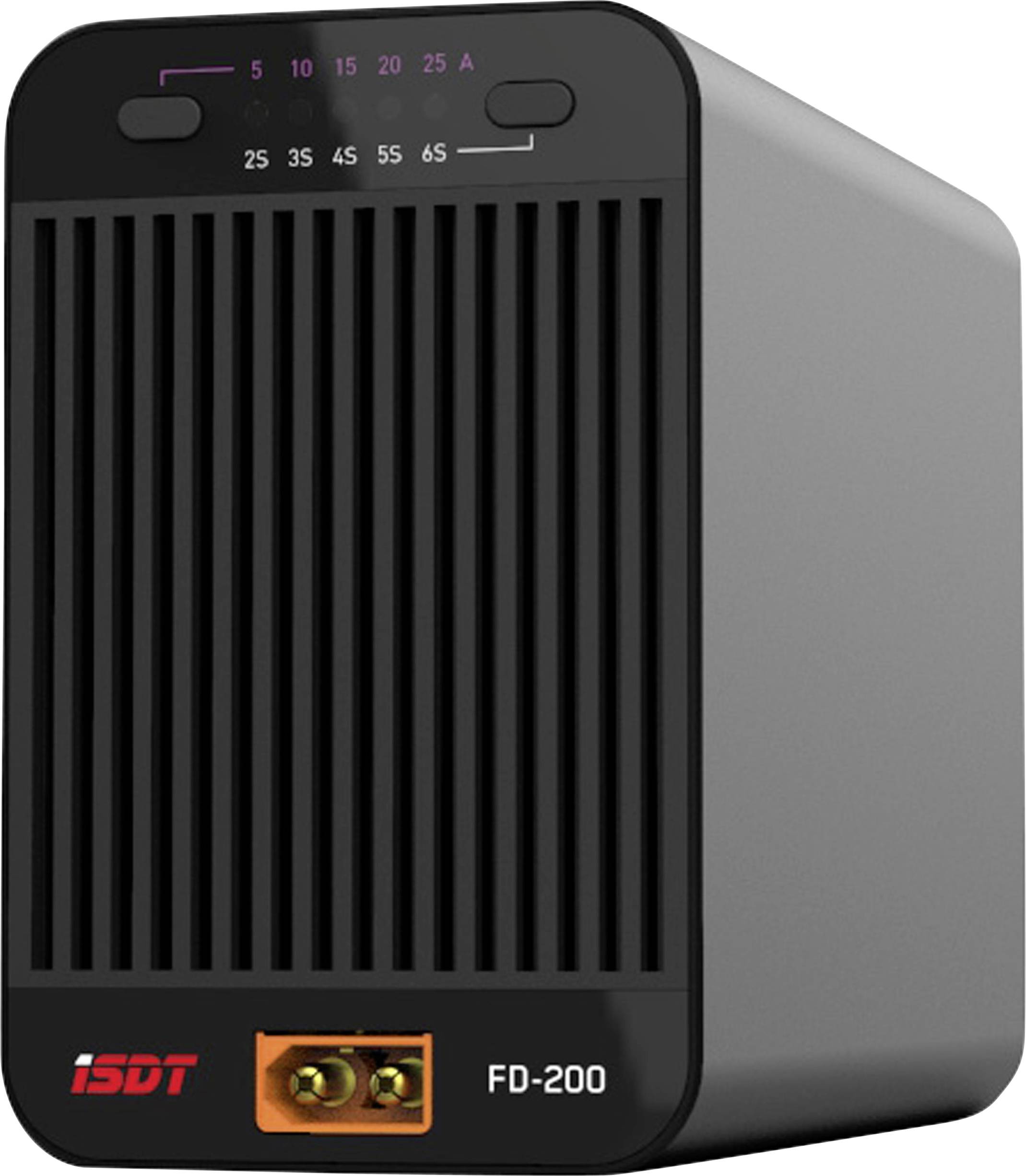 Appareil noir et cubique de ISDT avec des fentes de ventilation et un connecteur orange en bas. Numéro de modèle FD-200.