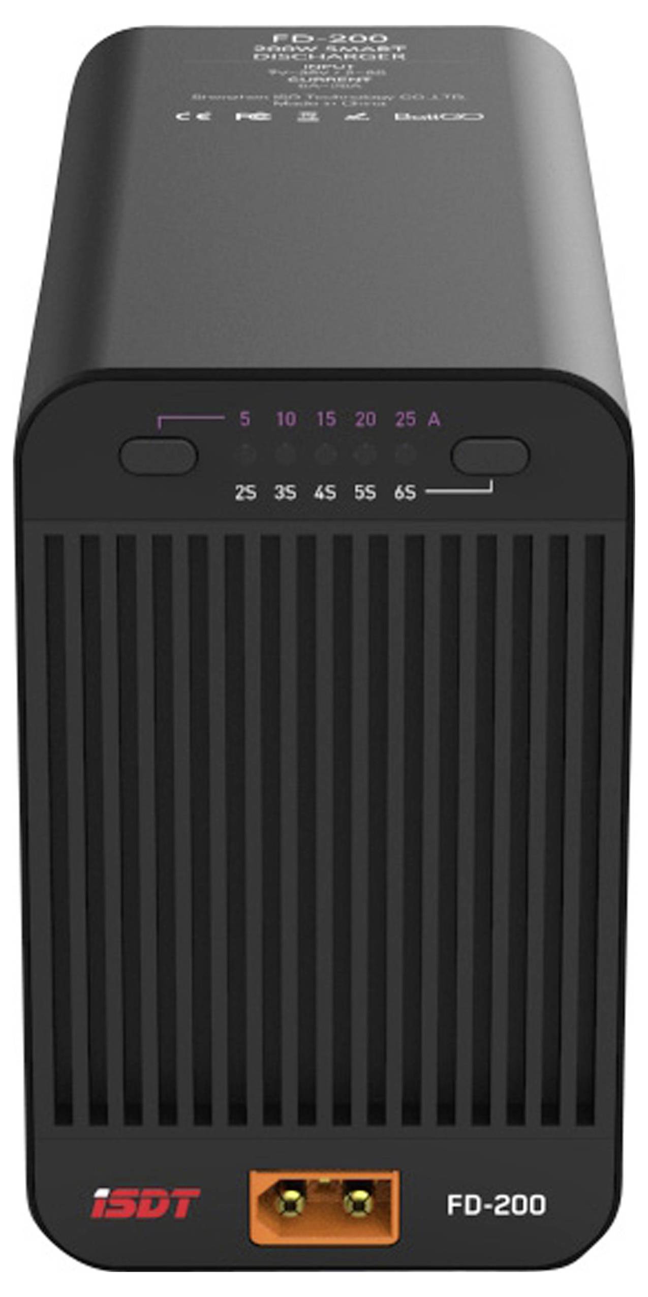 Un chargeur noir du modèle 'FD-200' d'ISDT, avec des voyants LED indiquant la tension et l'intensité de charge.