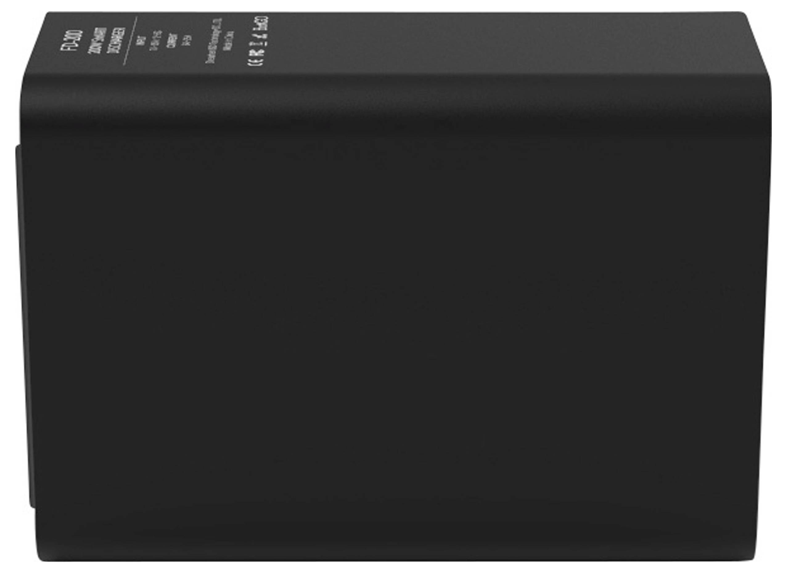 Un accumulateur noir pour appareil photo avec des informations techniques sur le dessus.