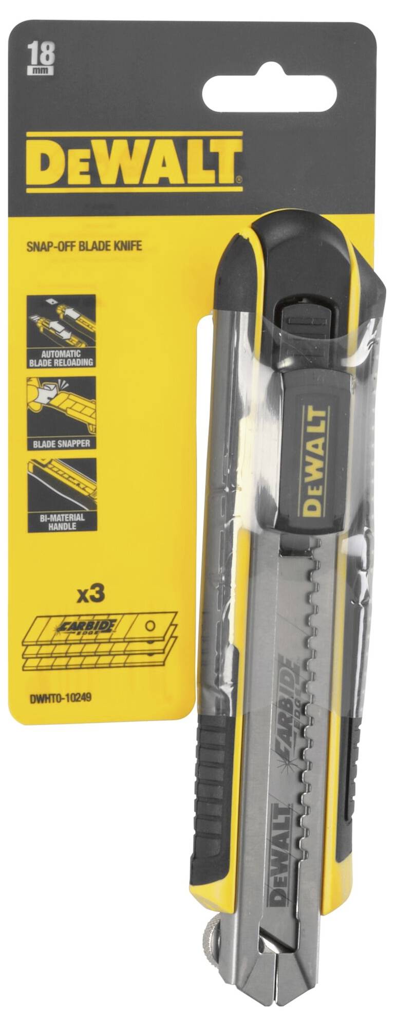 Couteau à lames segmentables 'DEWALT' dans un emballage jaune. L'emballage présente les caractéristiques du couteau et contient trois lames.